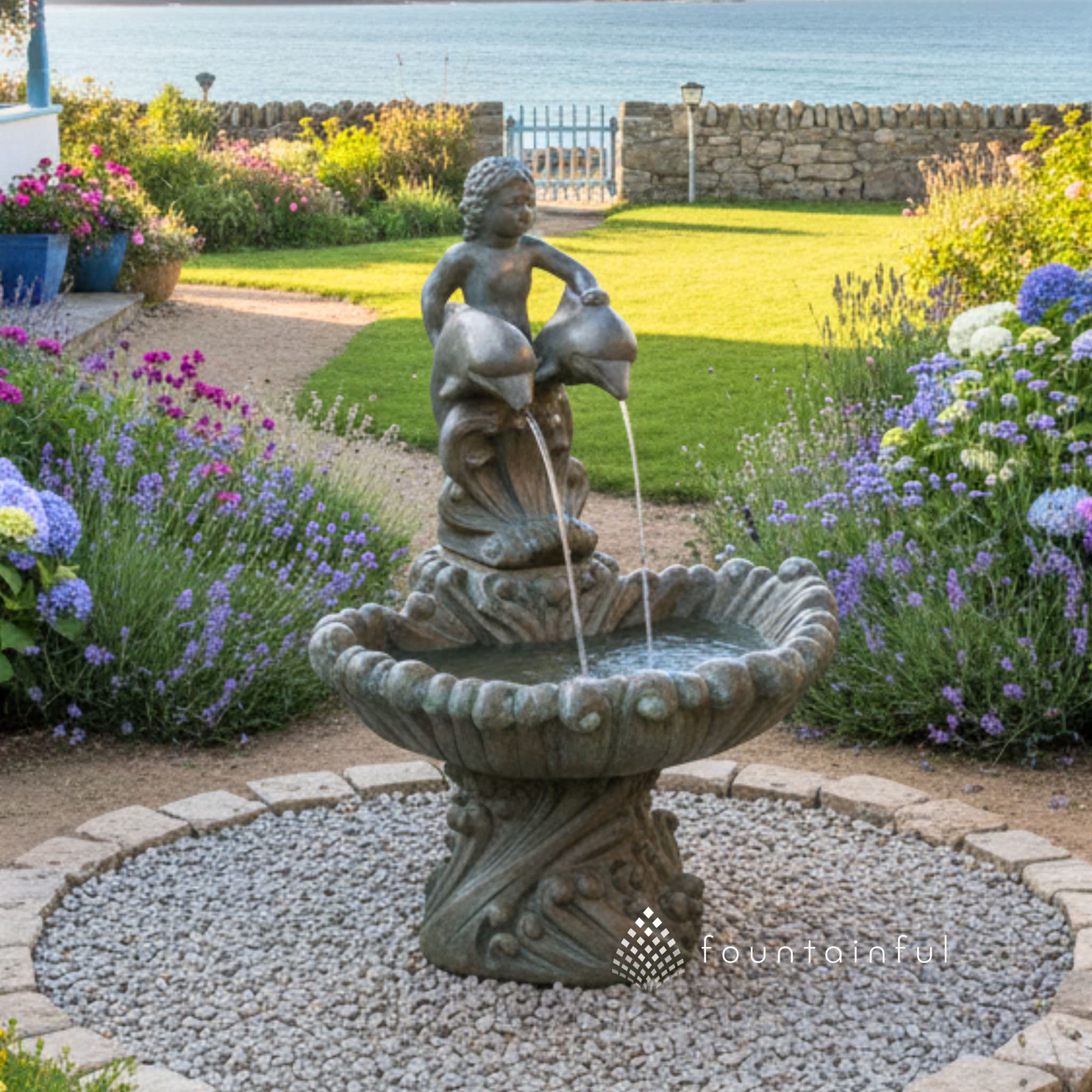 Boy on Dolphins Concrete Fountain - Fiore #279