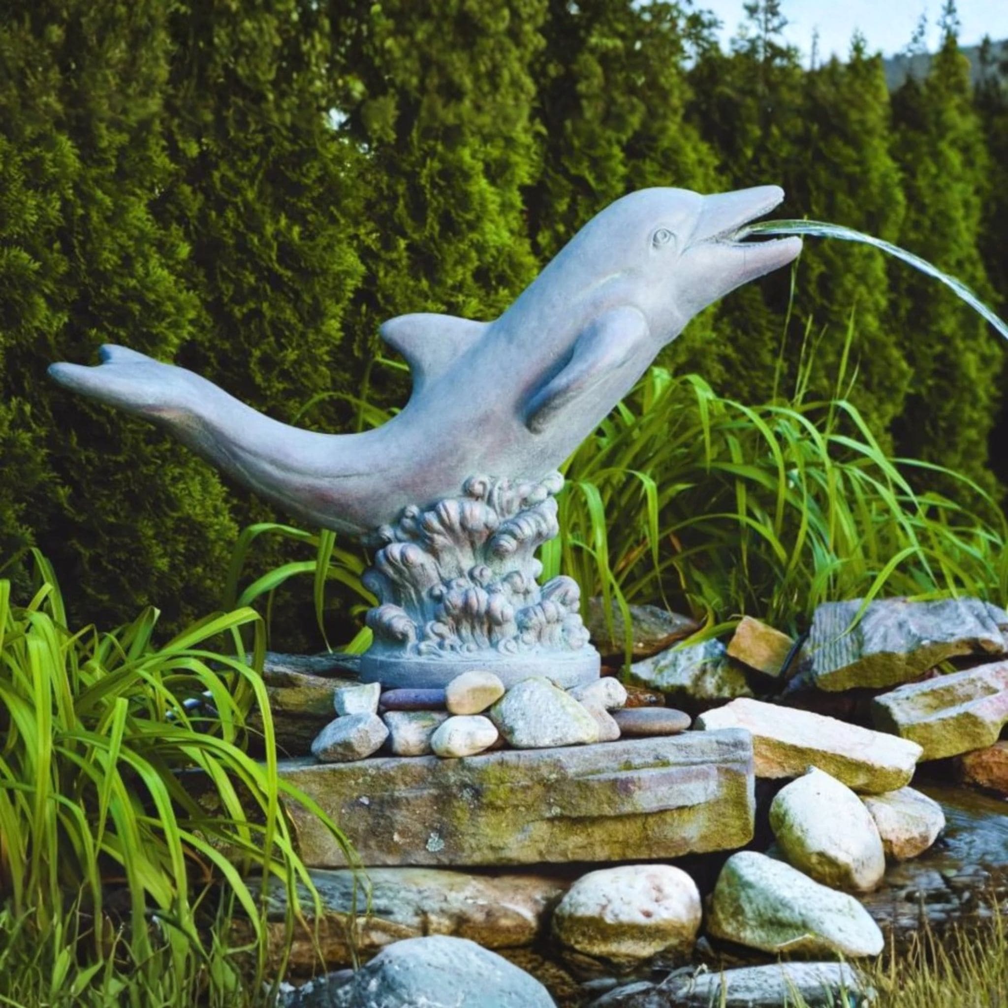 Lying Dolphin Plumbed Concrete Water Statue - Massarellis #4105