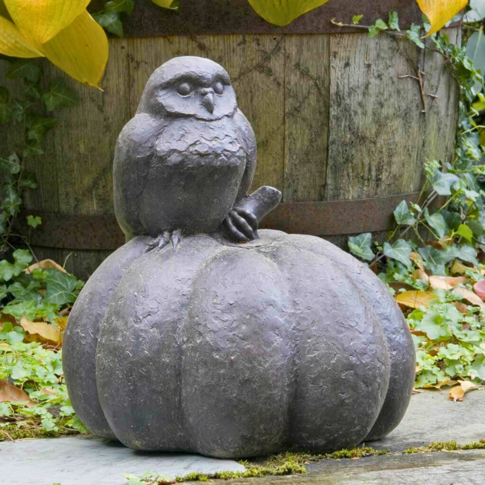 Owl on Pumpkin Concrete Garden Statue - Campania #A361