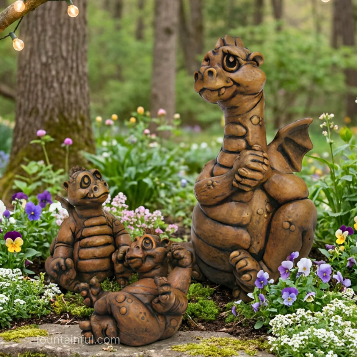 Three brown ceramic-textured dragon statues — one large, two small — nestled among flowers and moss with string lights overhead - Dragonling Statues by Fiore Stone