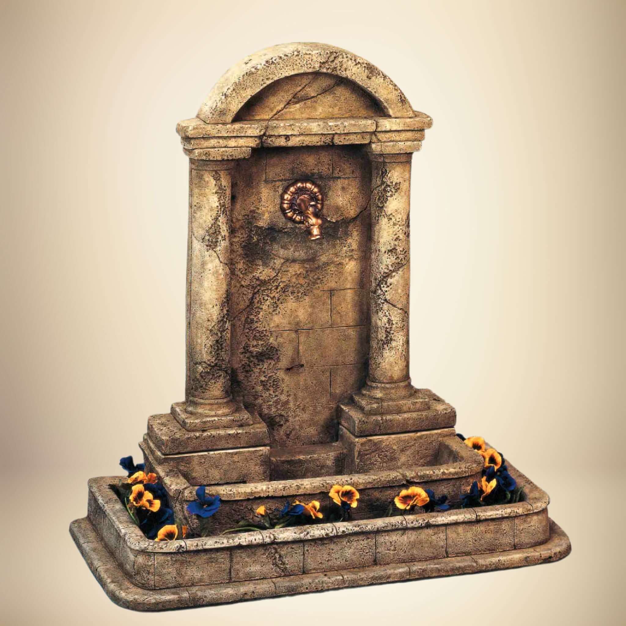 Foro Romano Concrete Wall Fountain w/Planter & Bronze Spout