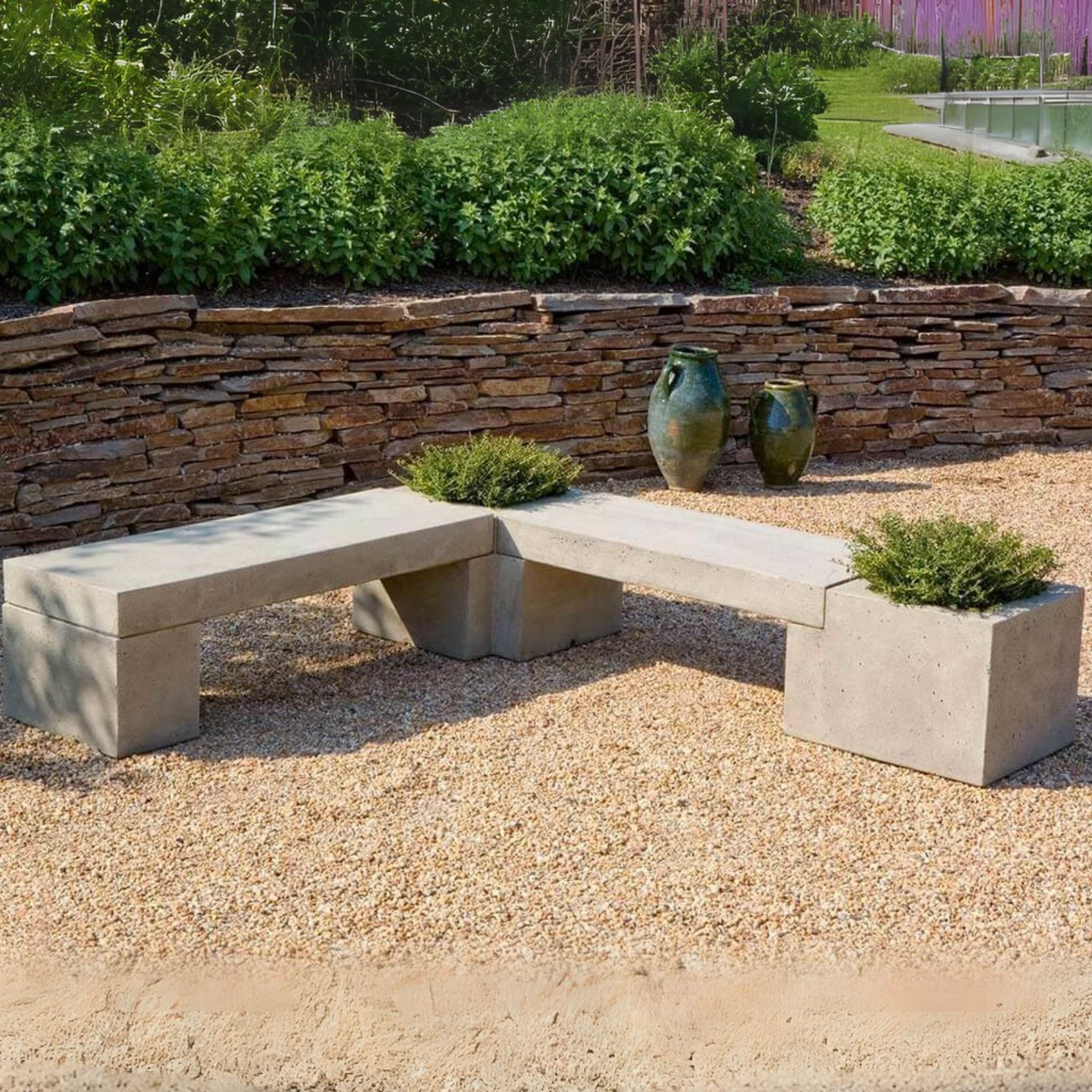 Long Concrete Memorial Bench with 2 Planters - Campania #MB002