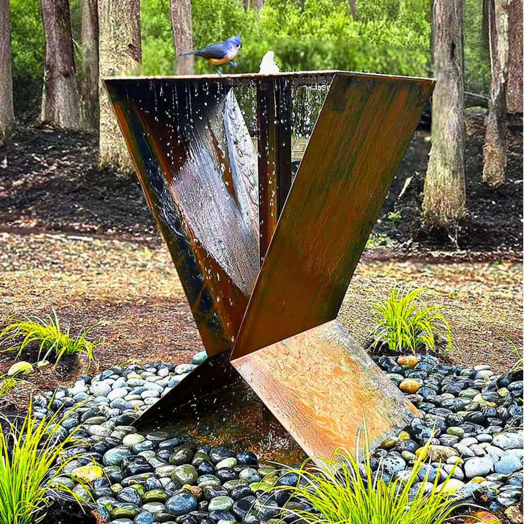 LX4 Modern Birdbath Fountain in Corten Steel