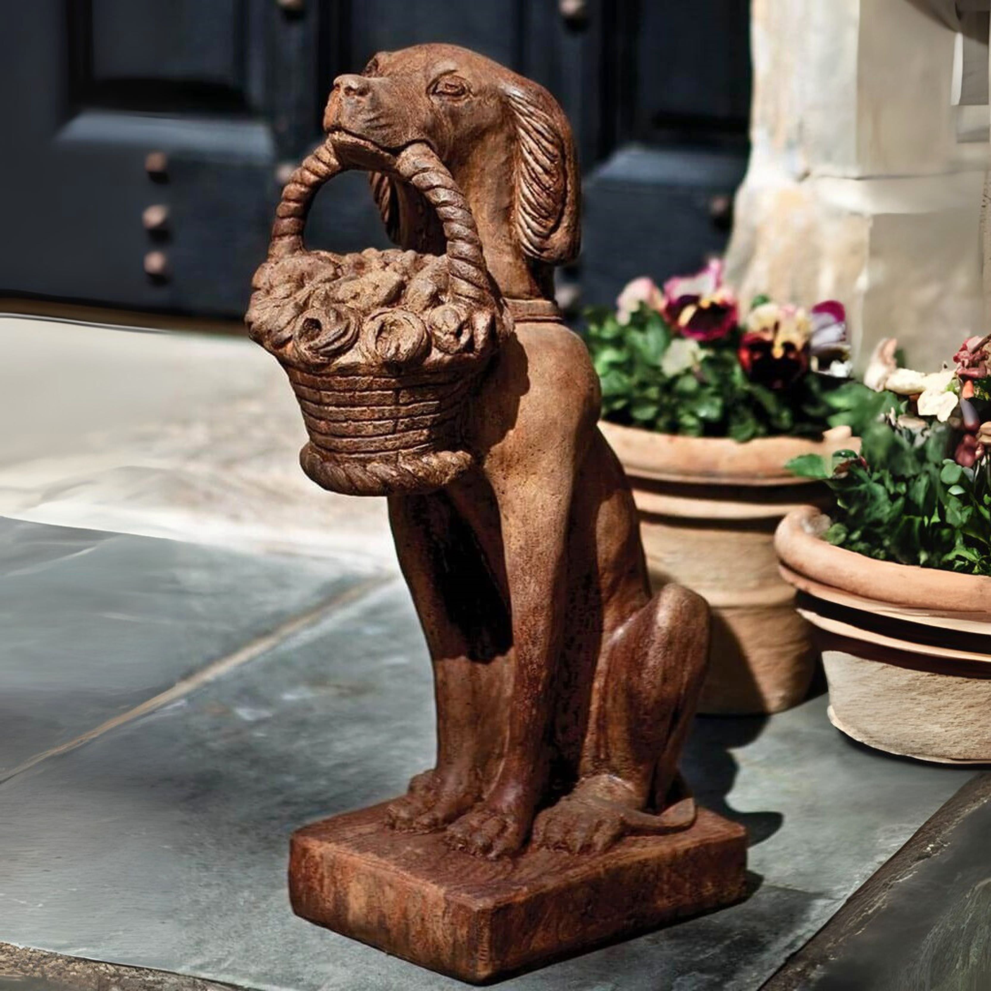 Vintage Dog with Basket Concrete Garden Statue - Campania #A060