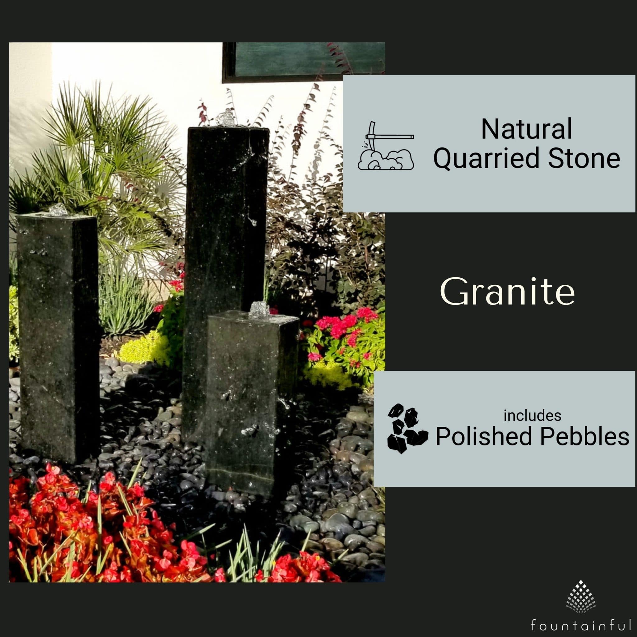 Smooth Black Granite 3-Column Fountain - Complete Kit - Blue Thumb