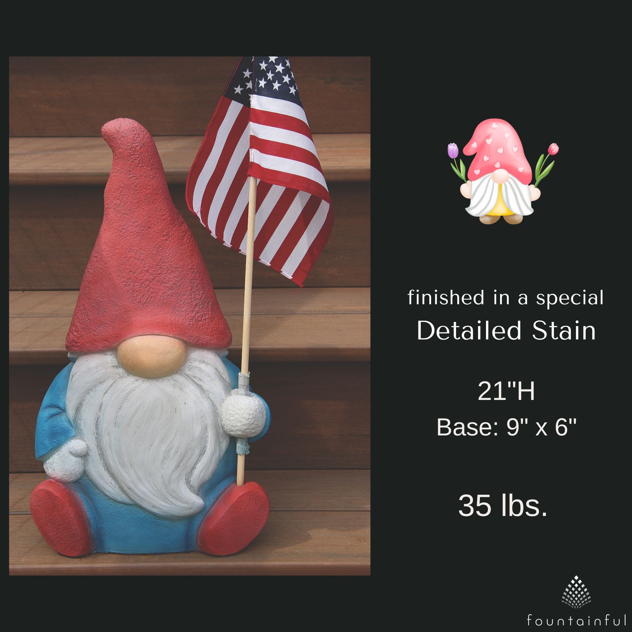 Flag Garden Gnome Concrete Statue - Massarellis #7613