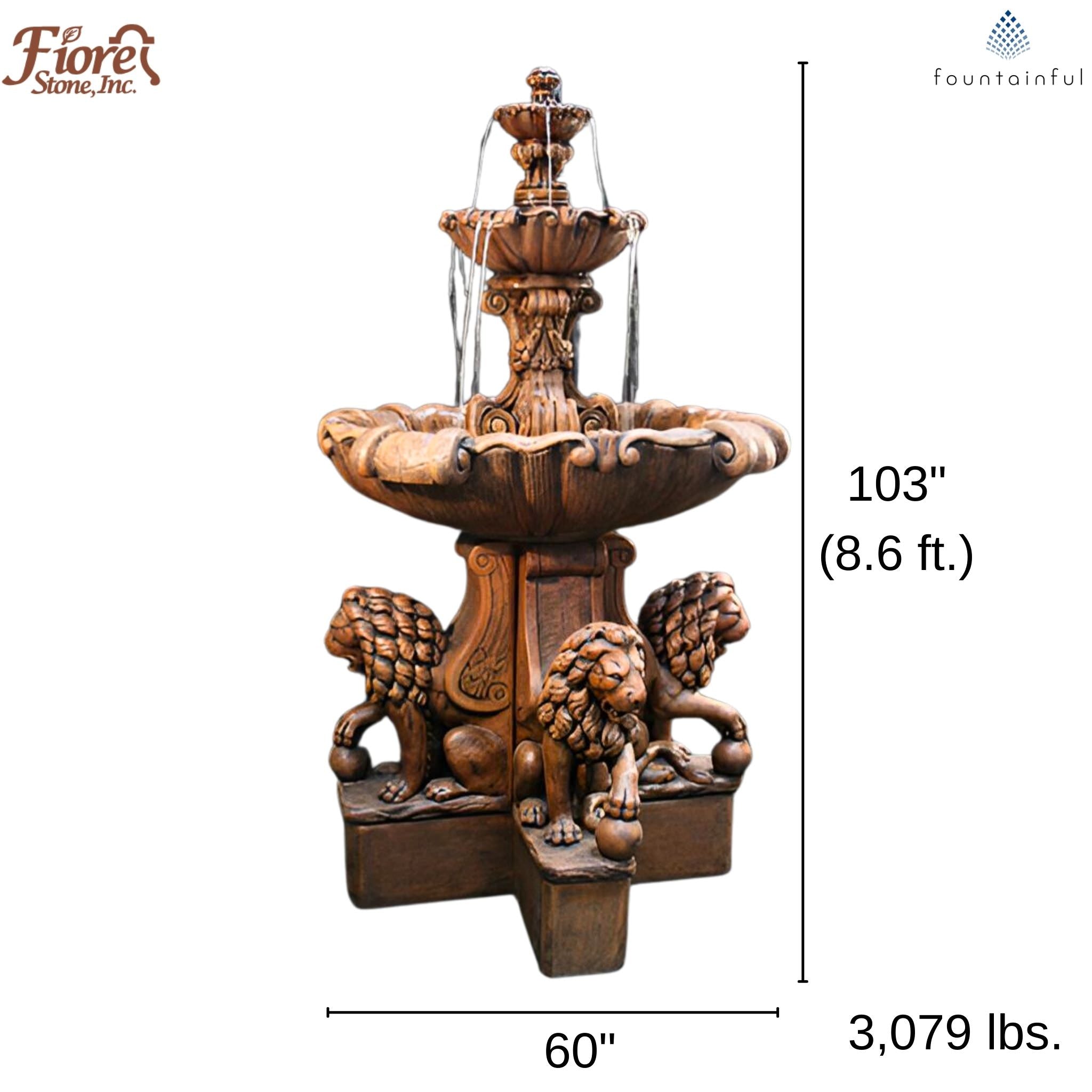 Vesuvio 3-Tier Concrete Fountain with Lion Pedestals - Fiore #2080FL