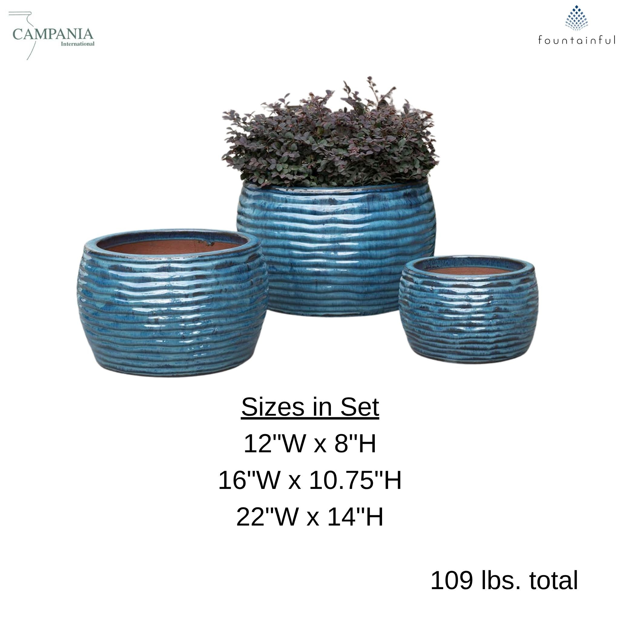 Montauk Low Set of 3 Glazed Terra Cotta Planters - Campania #7005