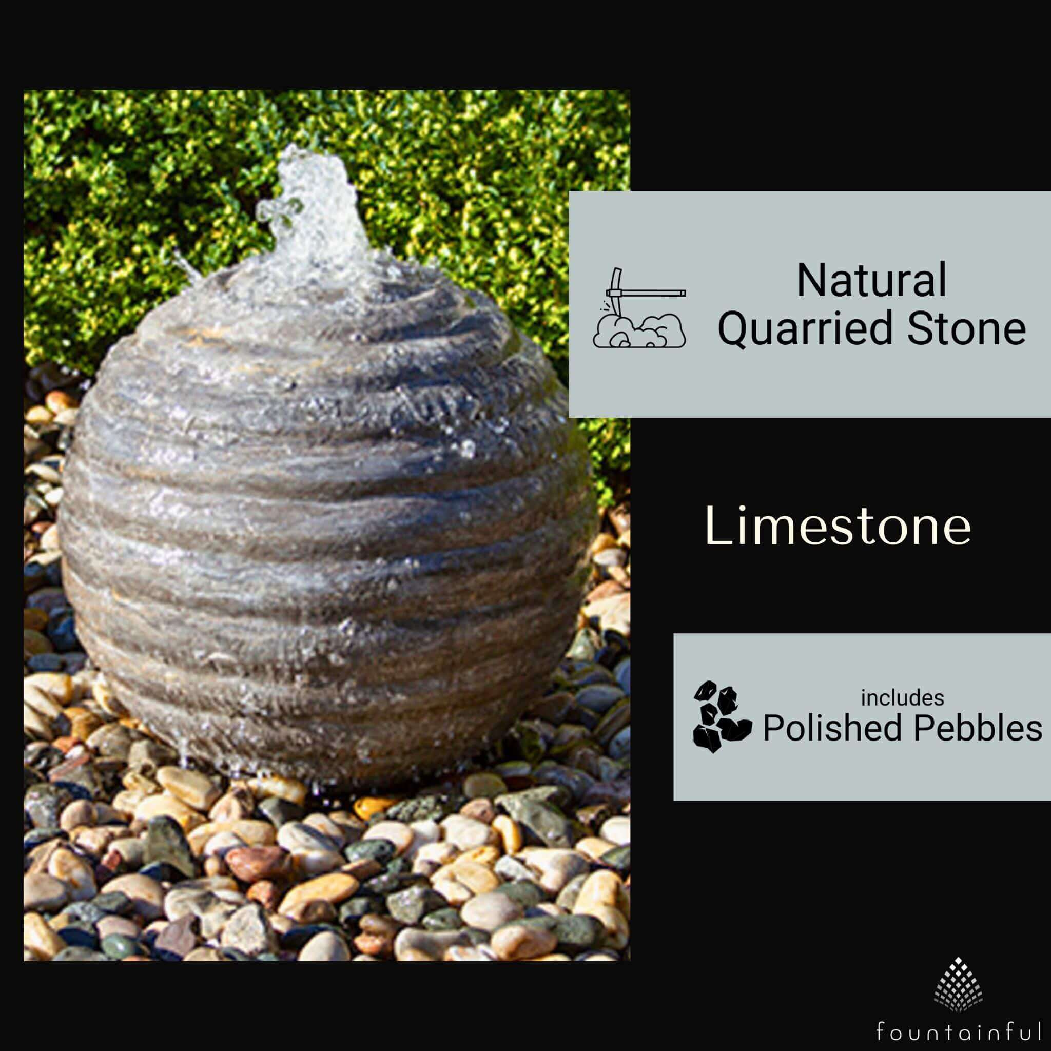 Smooth Ribbed Limestone Sphere Fountain Complete Kit - Thumbnail 2