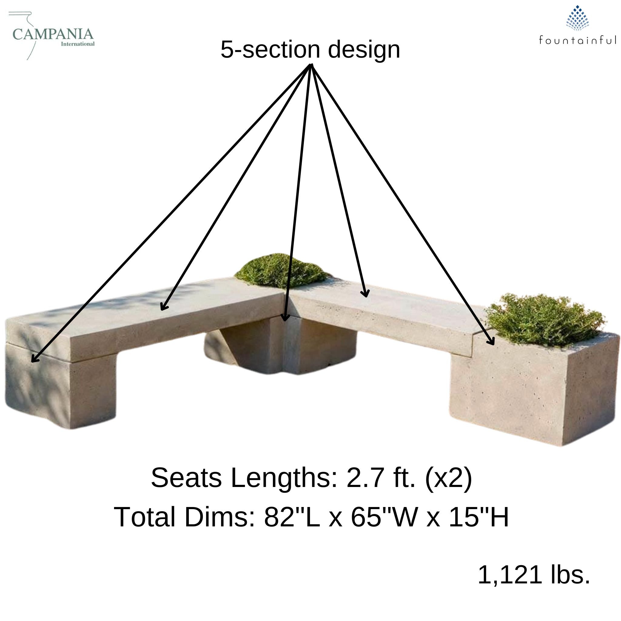 Long Concrete Memorial Bench with 2 Planters - Campania #MB002