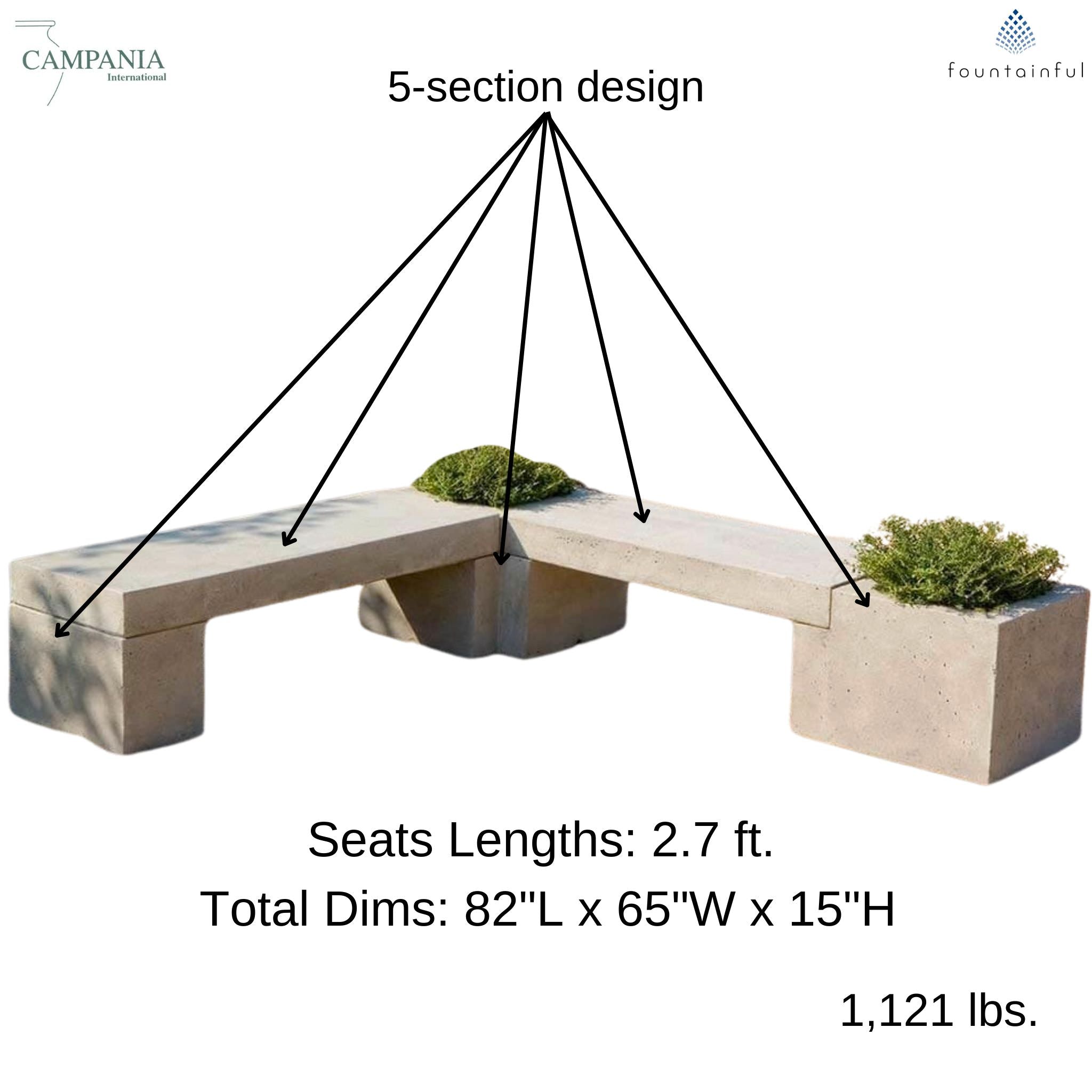 Long Concrete Memorial Bench with 2 Planters - Campania #MB002