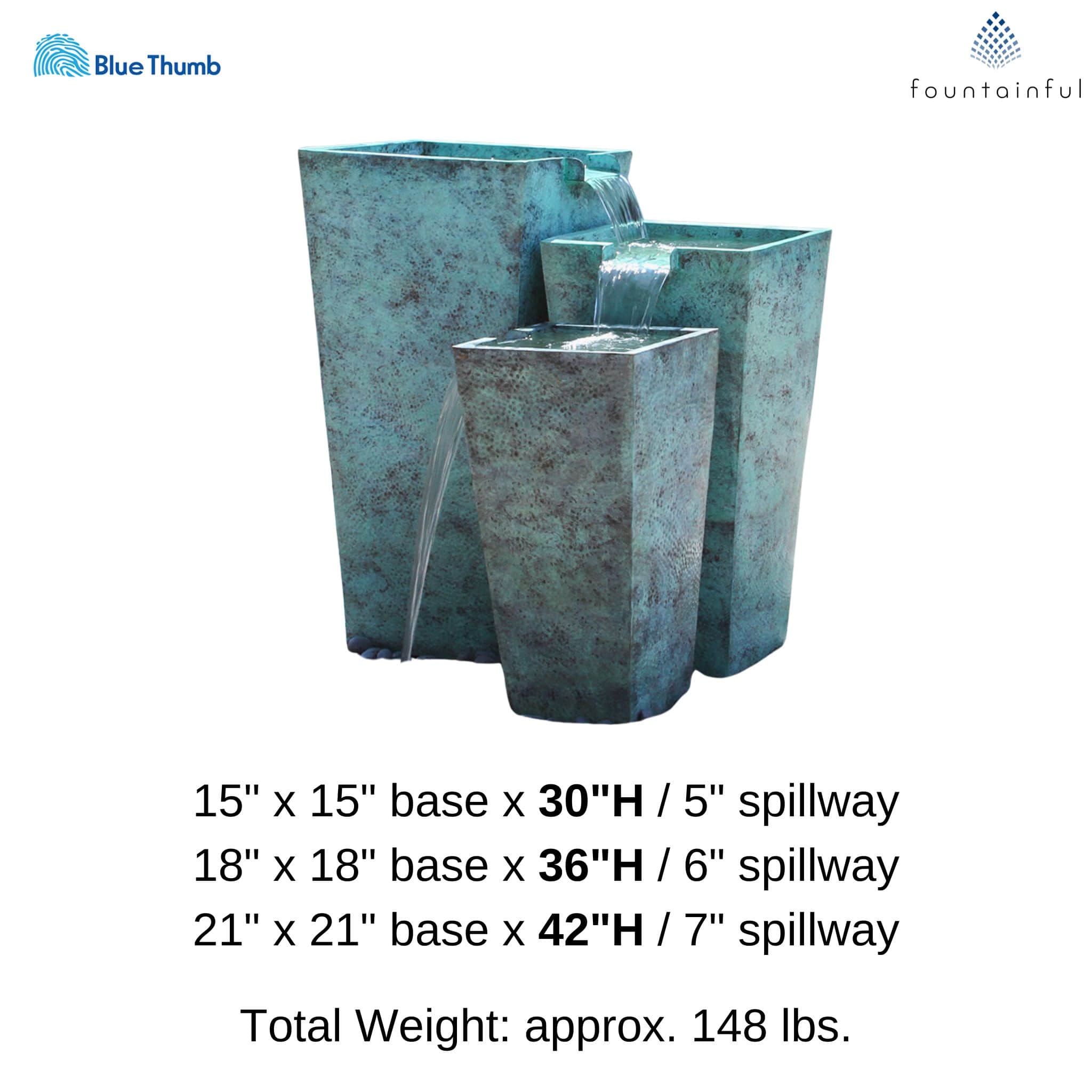 Tapered Square Triple Brass Urn Fountain - Blue Thumb