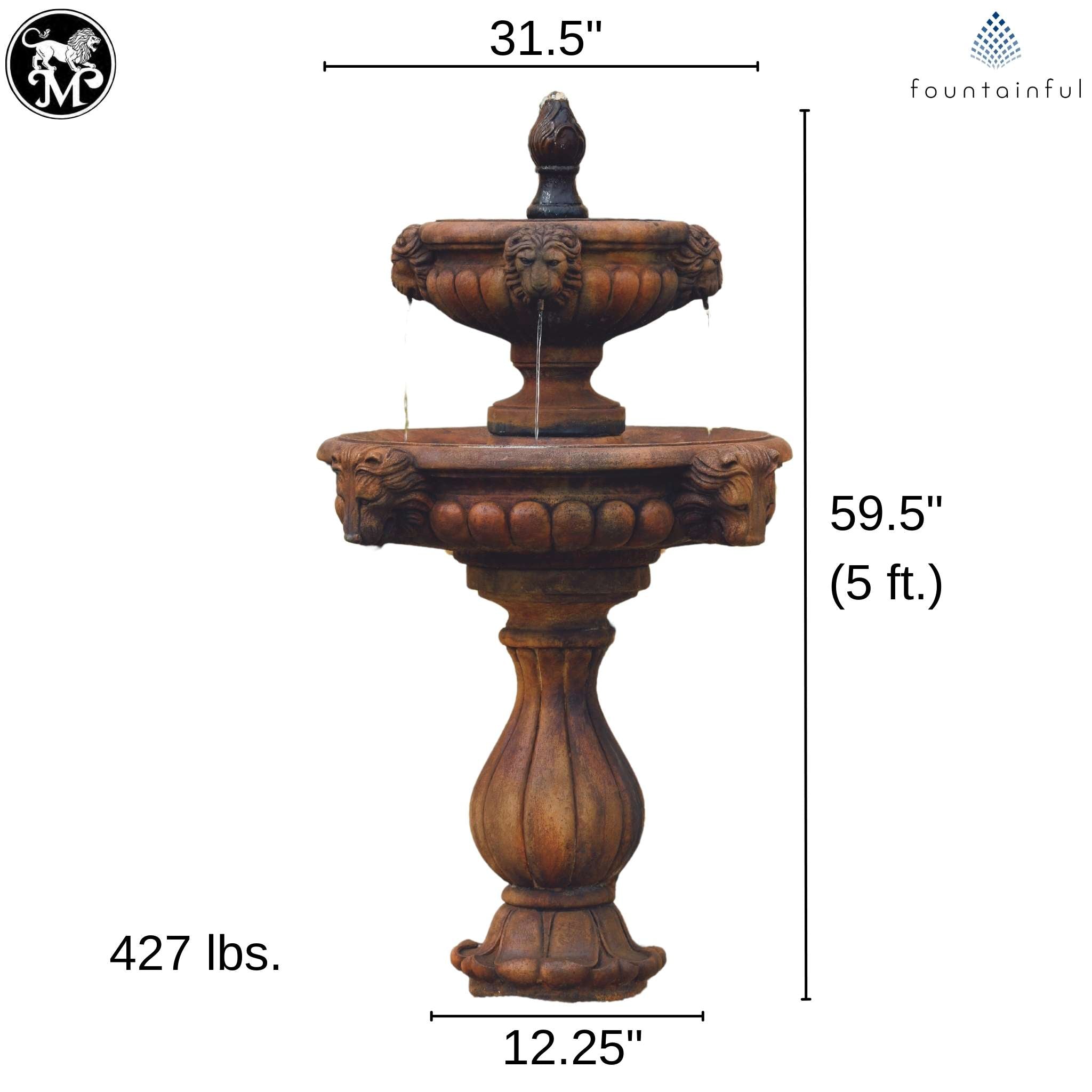 Classic Lion Head 2-Tier Concrete Fountain - Massarellis #3561