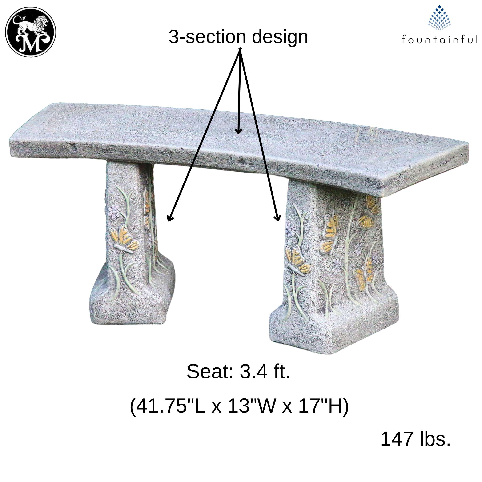 Butterfly & Flowers Concrete Garden Bench - Massarellis #4174