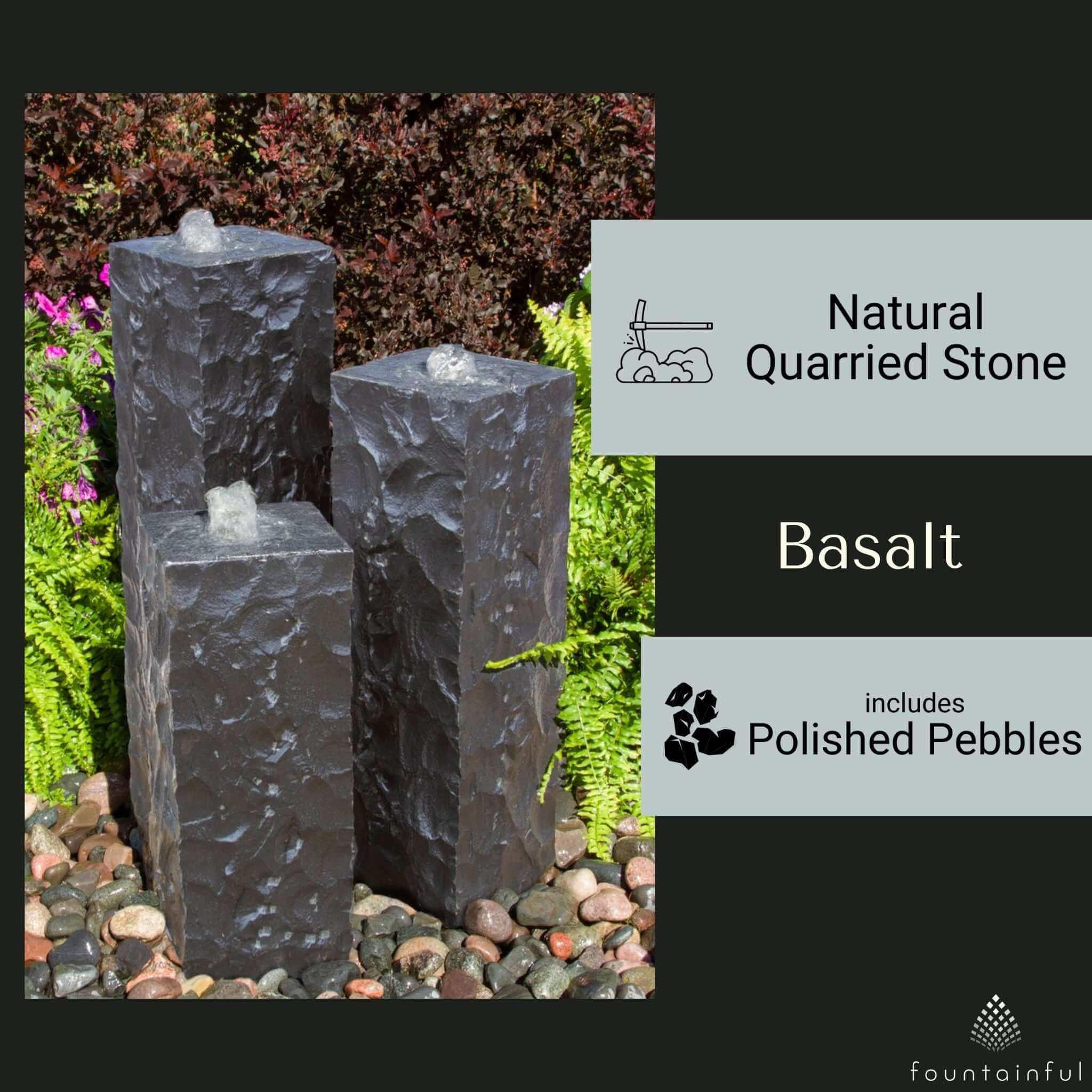 Black Chiseled Basalt 3-Piece Column Fountain - Complete Kit- Blue Thumb