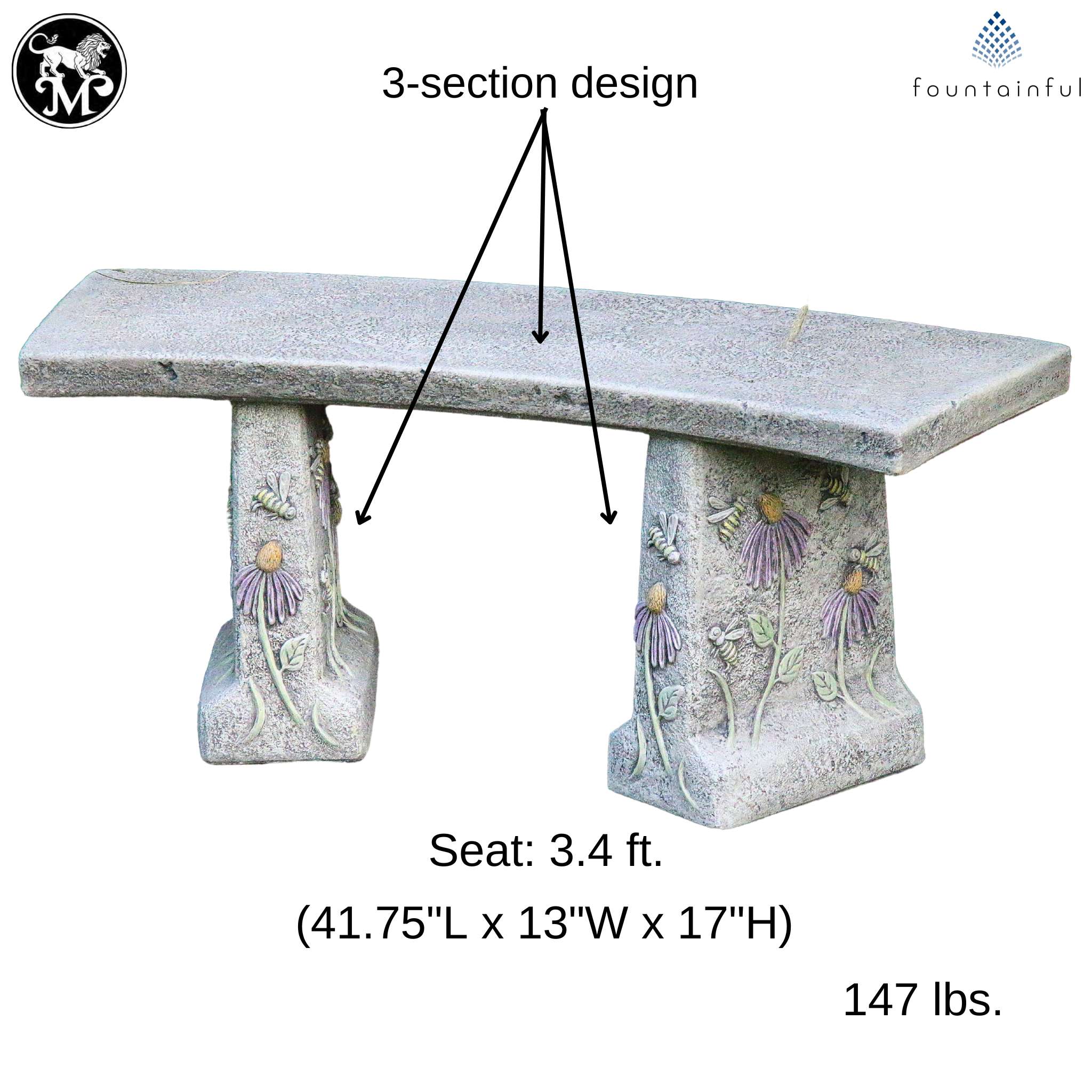 Honeybee & Flowers Concrete Garden Bench - Thumbnail 3