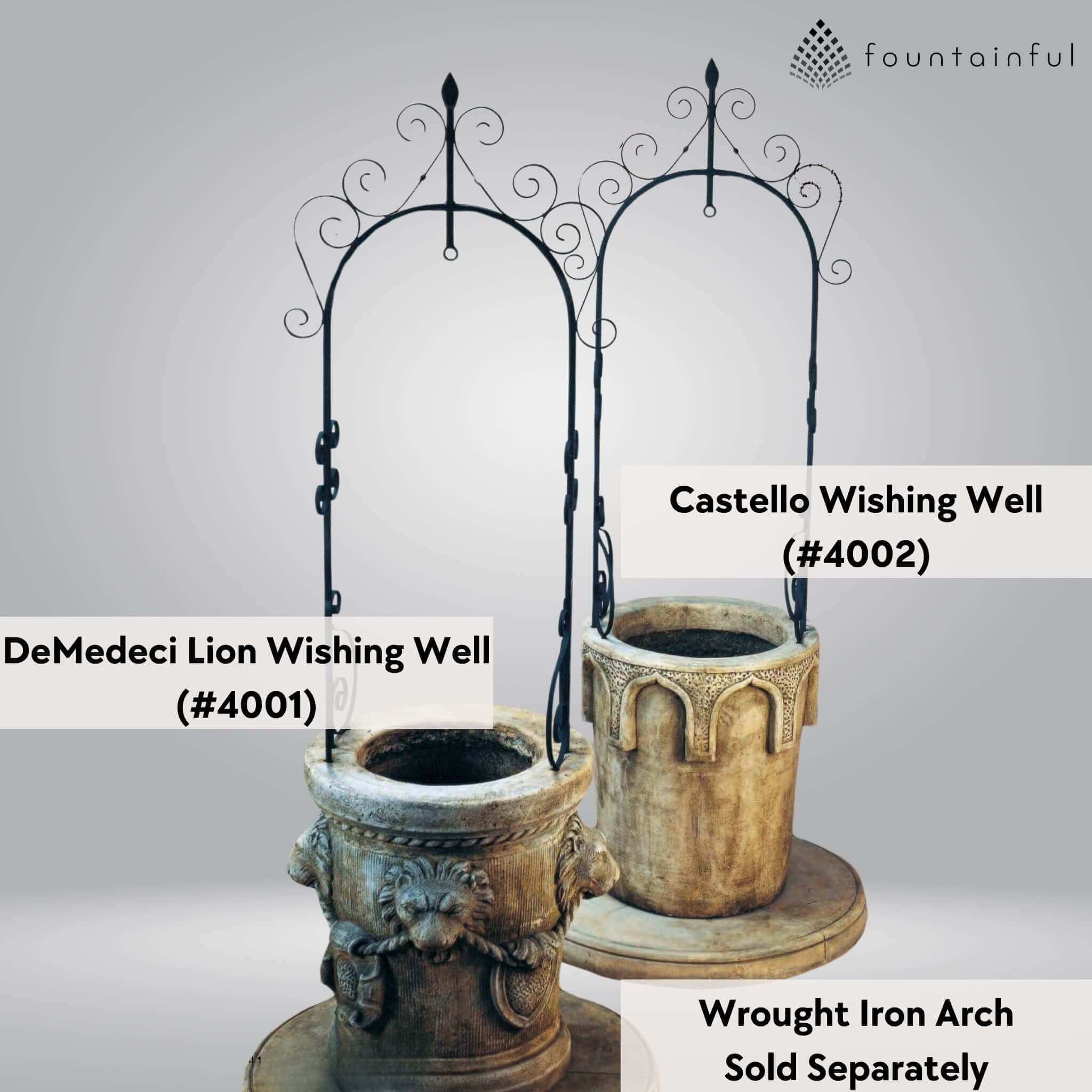 Italian Concrete Wishing Wells - De Medeci Lion Head and The Castello -  Giannini #4001 & #4002