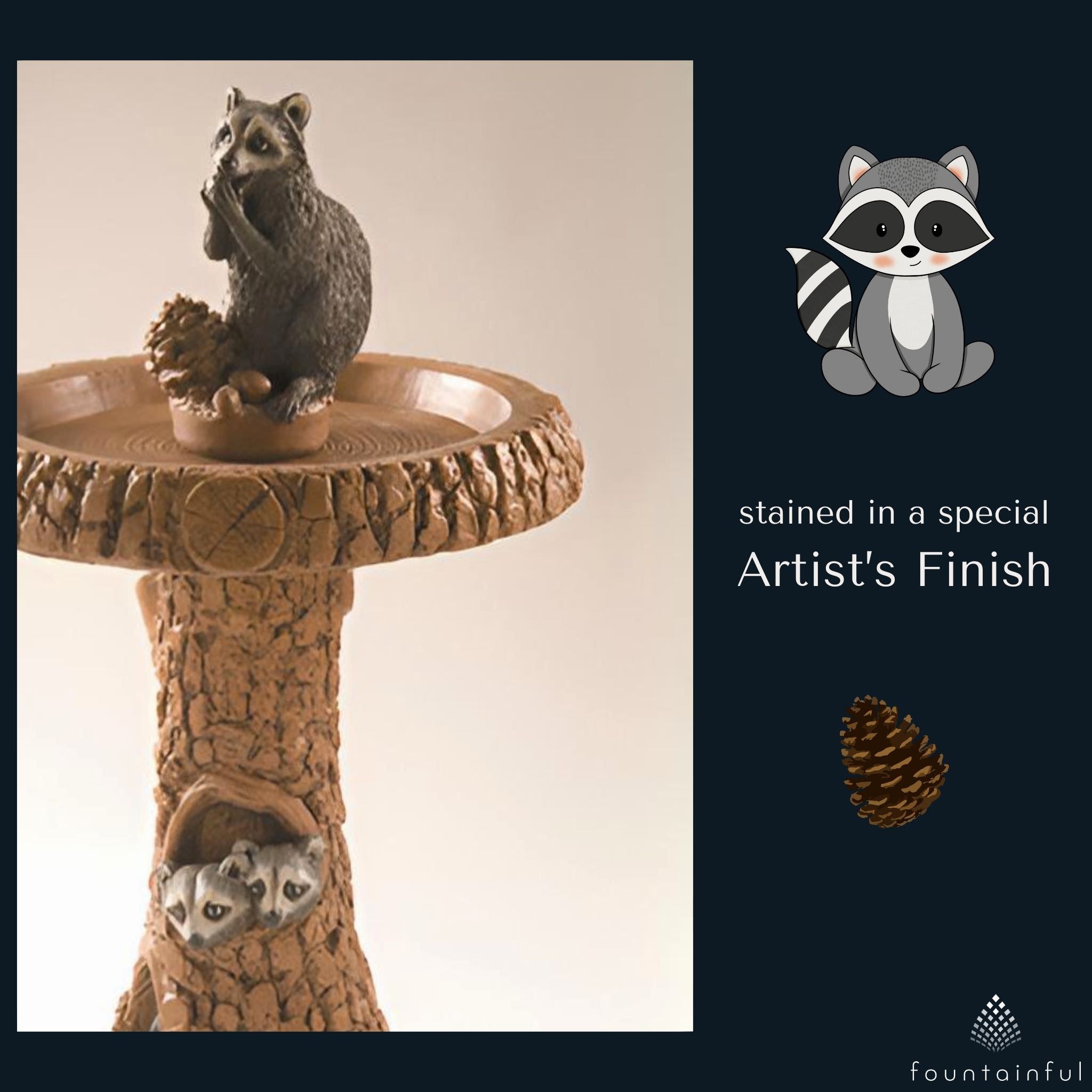 Raccoon & Pinecone Concrete Bird Bath - Fiore #412