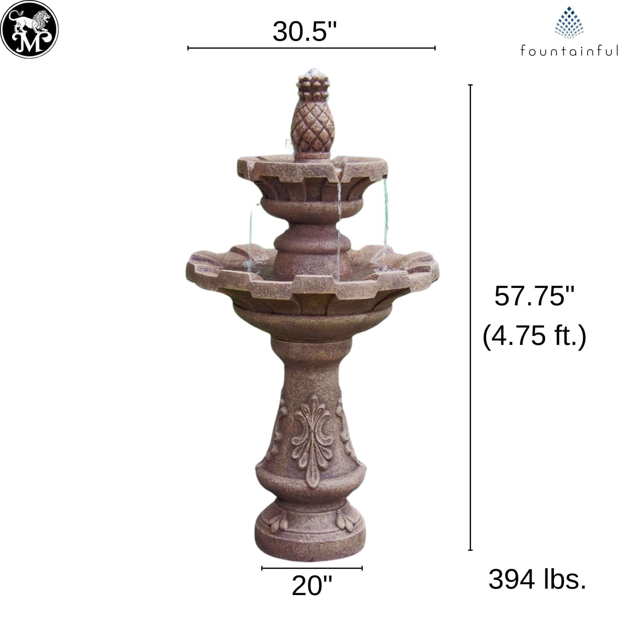 Fluted 2-Tier Concrete Fountain with Pineapple Finial - Massarellis #3850