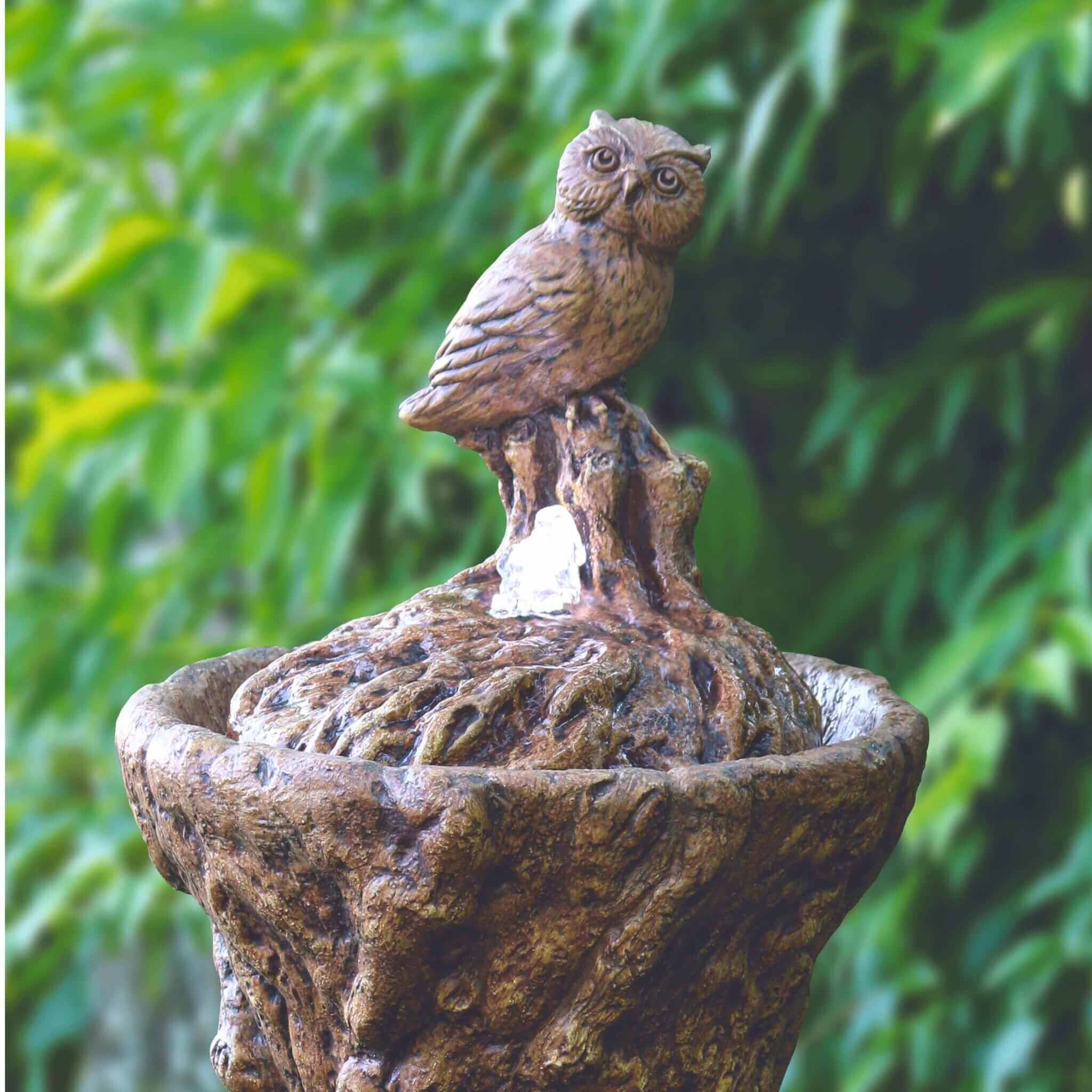 Owl Concrete Fountainette w/ Tree Man Pedestal & Lights - Massarellis #3929