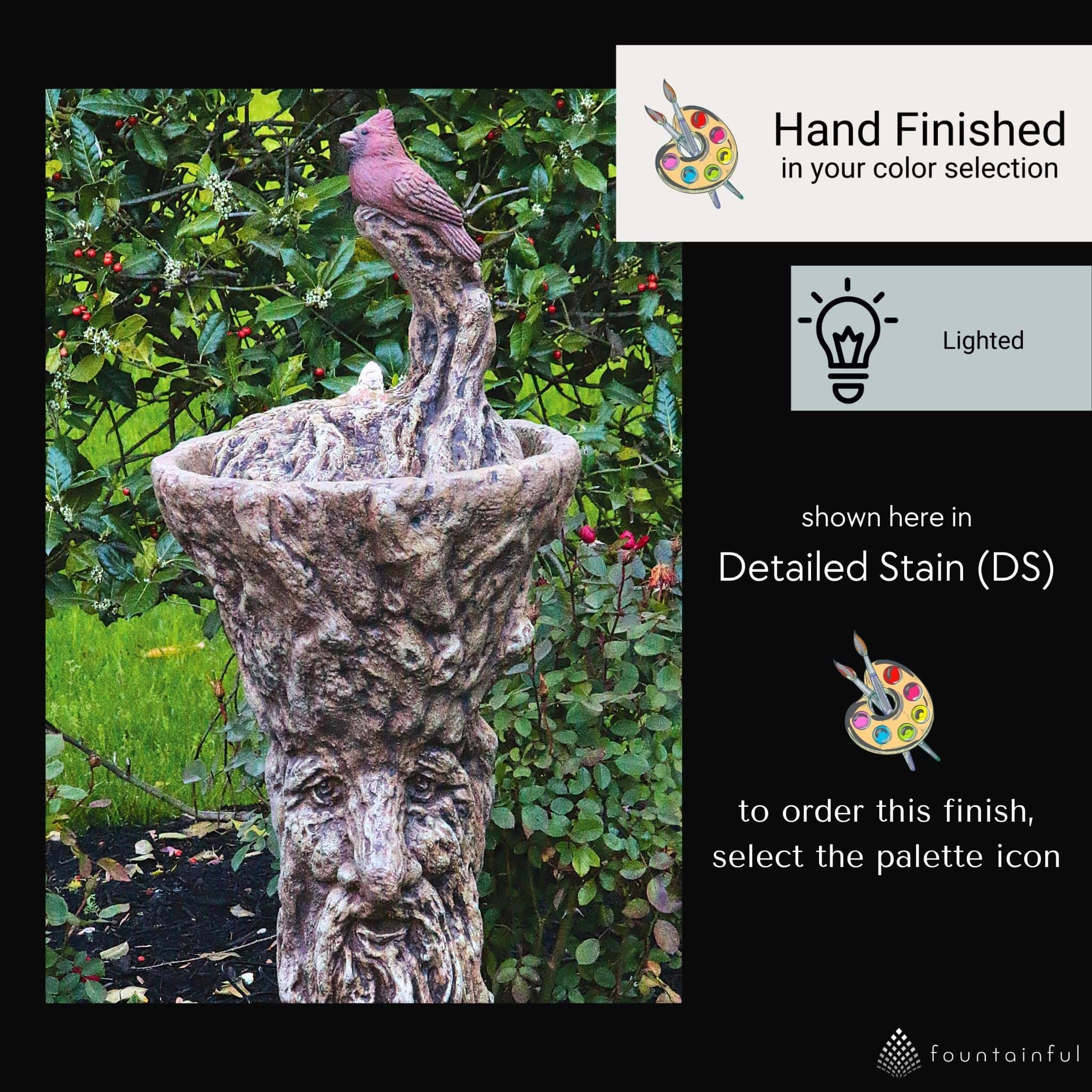 Cardinal Concrete Fountainette w/ Tree Man Pedestal & Lights - Massarellis #3943