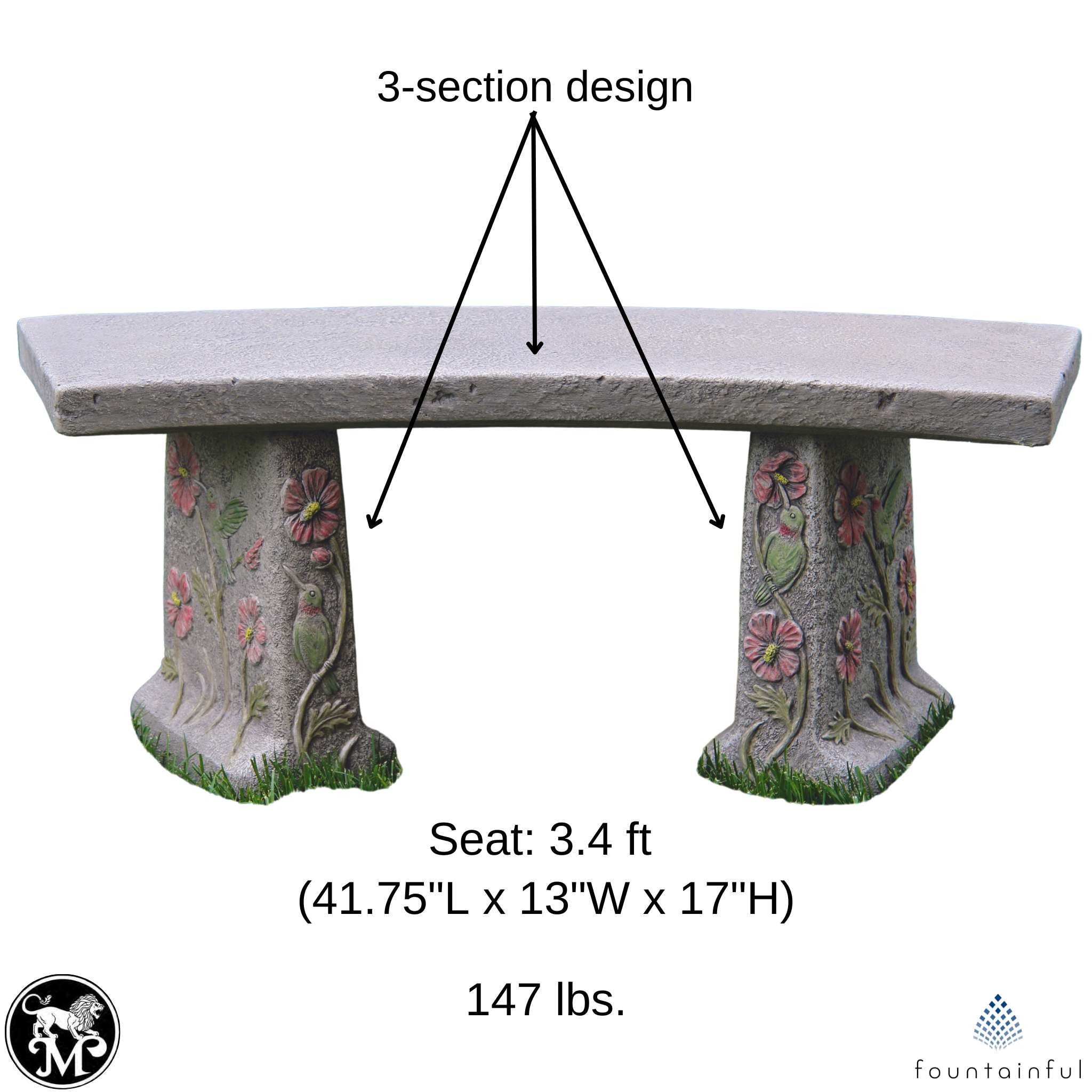 Hummingbird & Flowers Concrete Garden Bench - Massarellis #4165