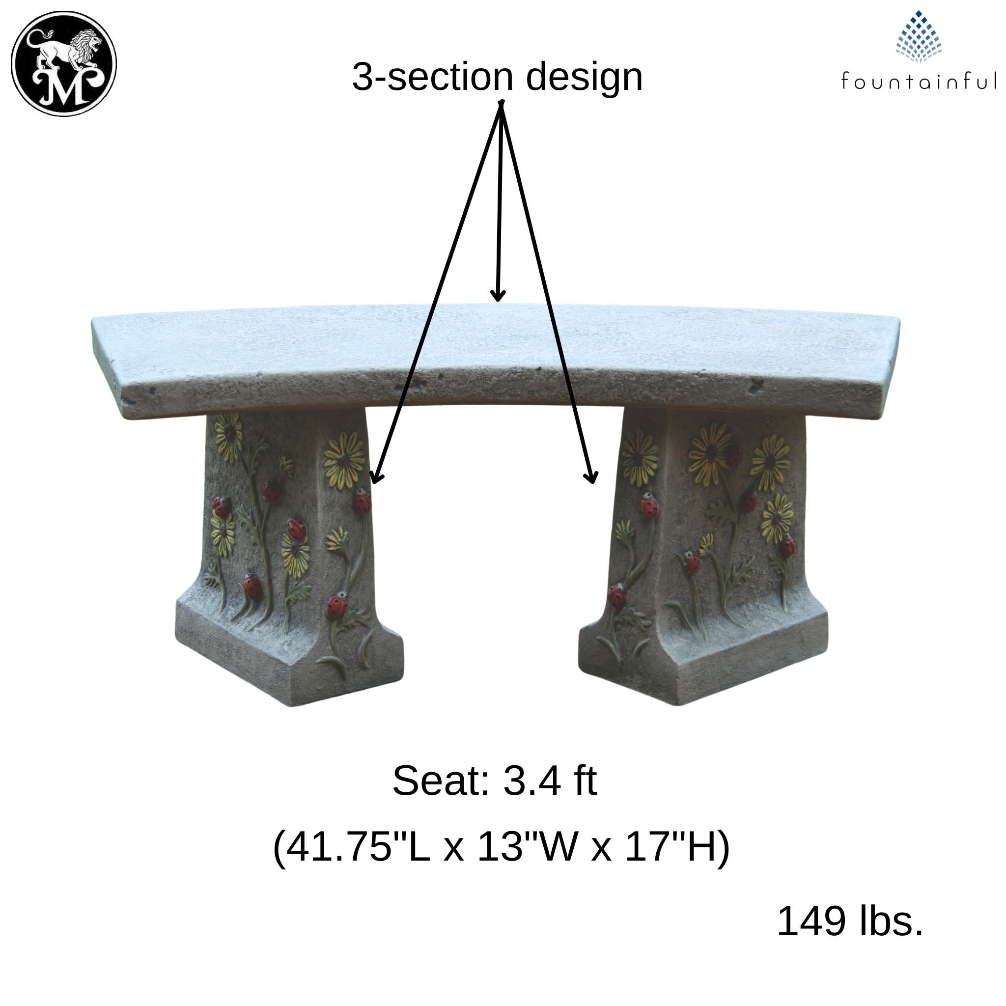 Ladybug & Flowers Concrete Garden Bench - Thumbnail 2
