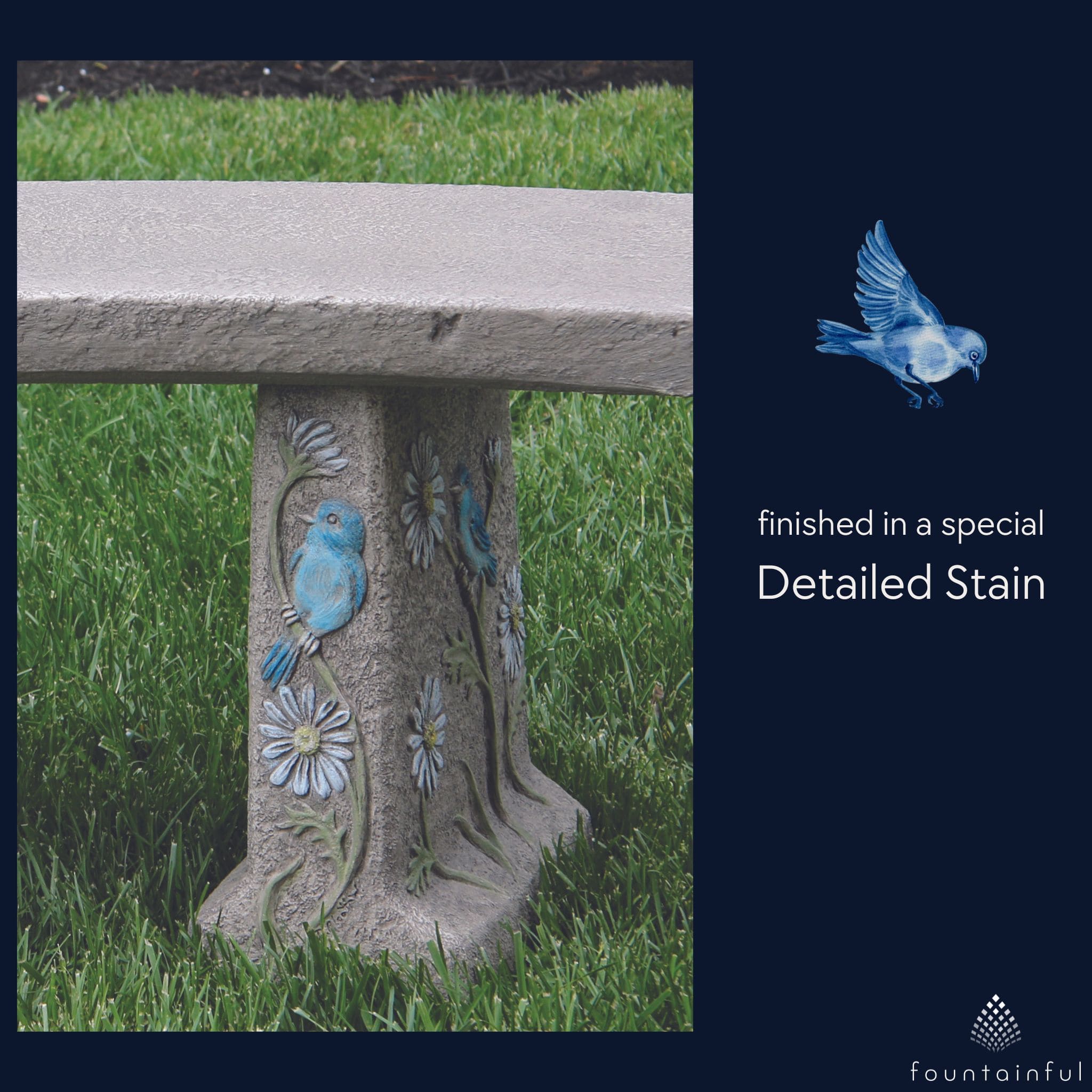 Bluebird & Flowers Concrete Garden Bench - Massarellis #4148