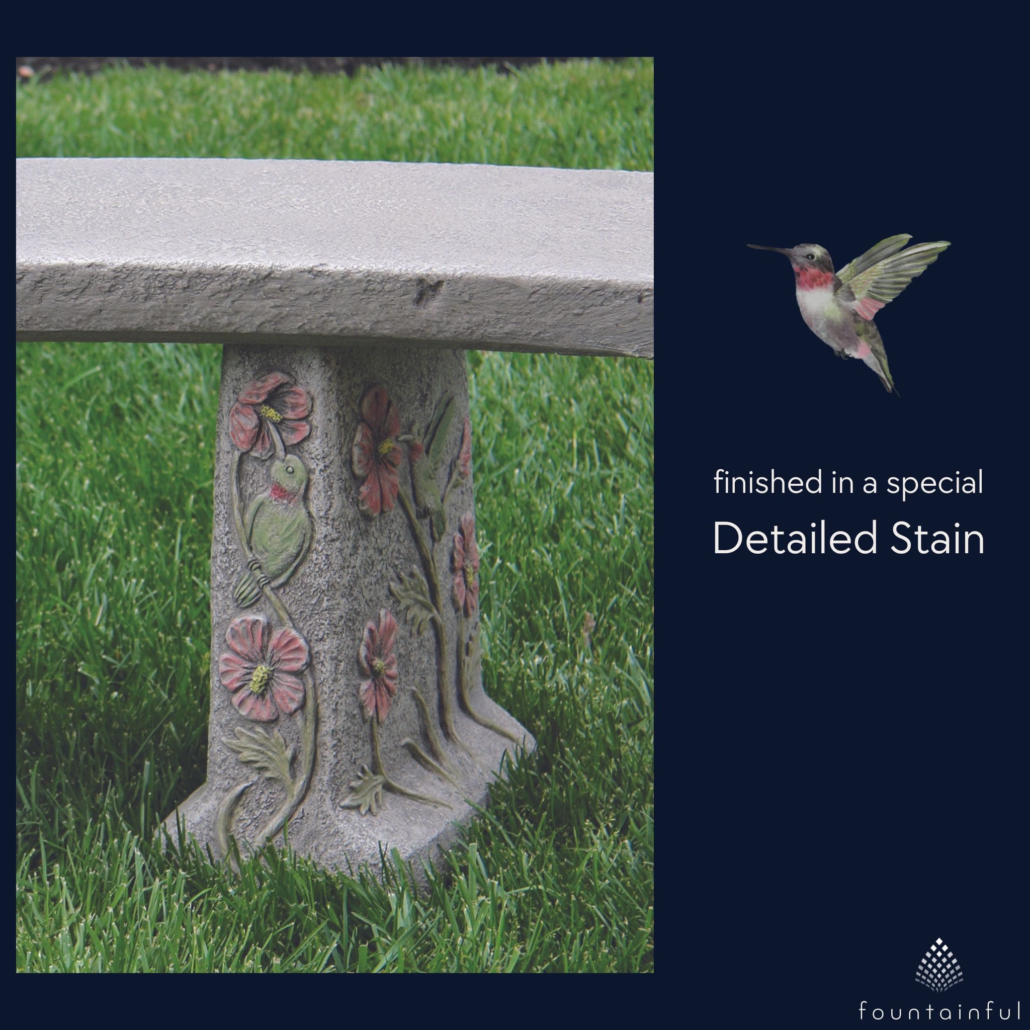 Hummingbird & Flowers Concrete Garden Bench - Massarellis #4165