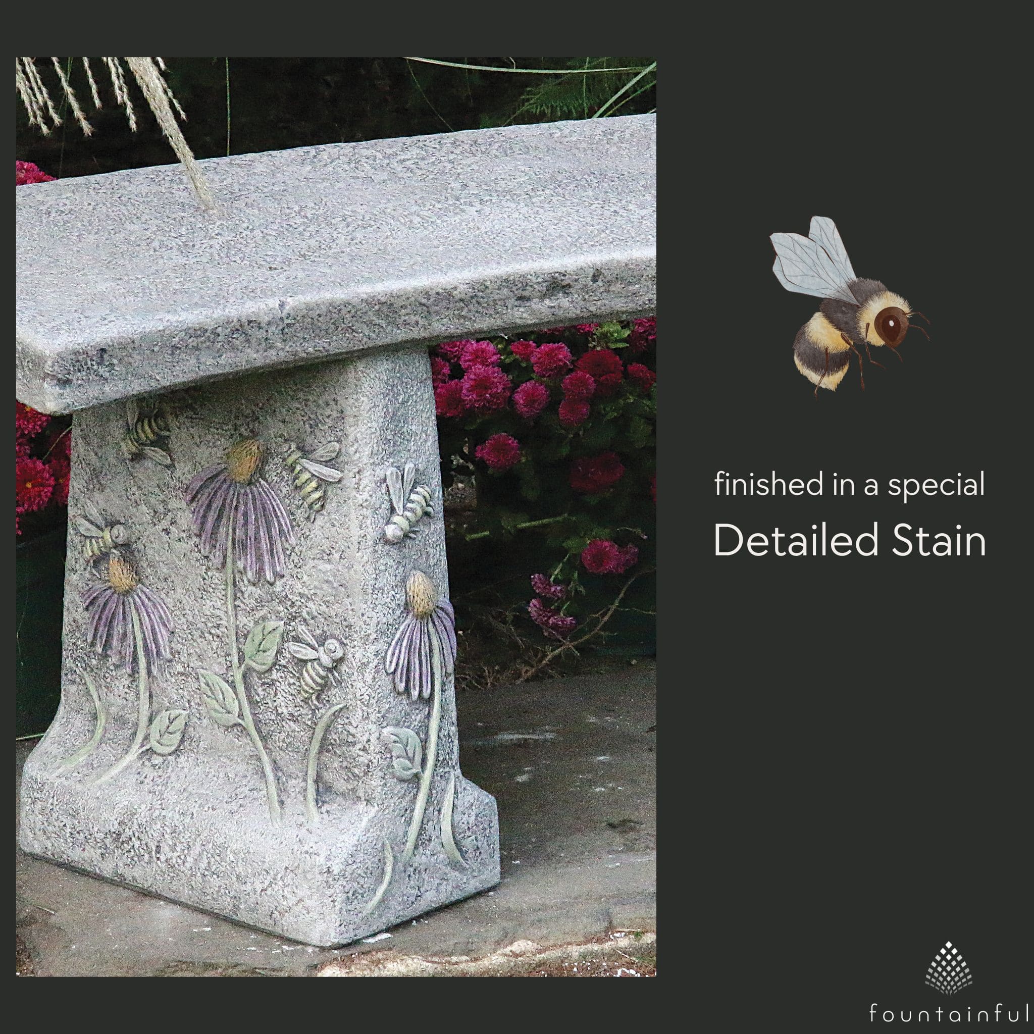 Honeybee & Flowers Concrete Garden Bench - Massarellis #4172