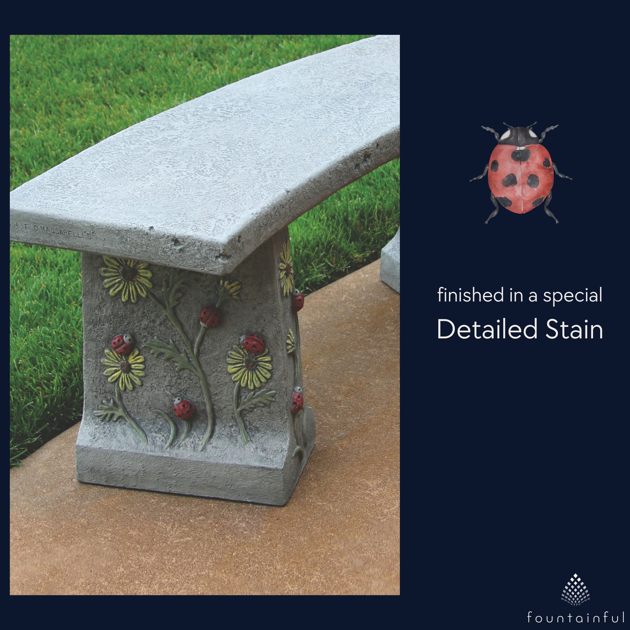 Ladybug & Flowers Concrete Garden Bench - Massarellis #4188