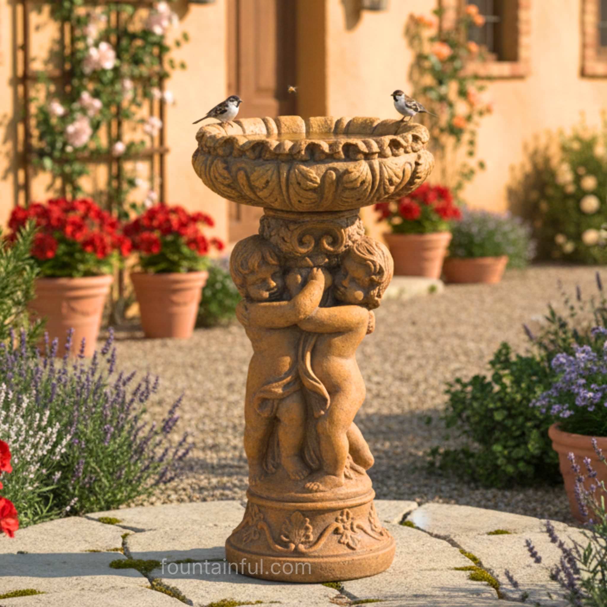 Cherubs "Putti" Concrete Bird Bath - Giannini #292 - Luxury Italian Garden Decor
