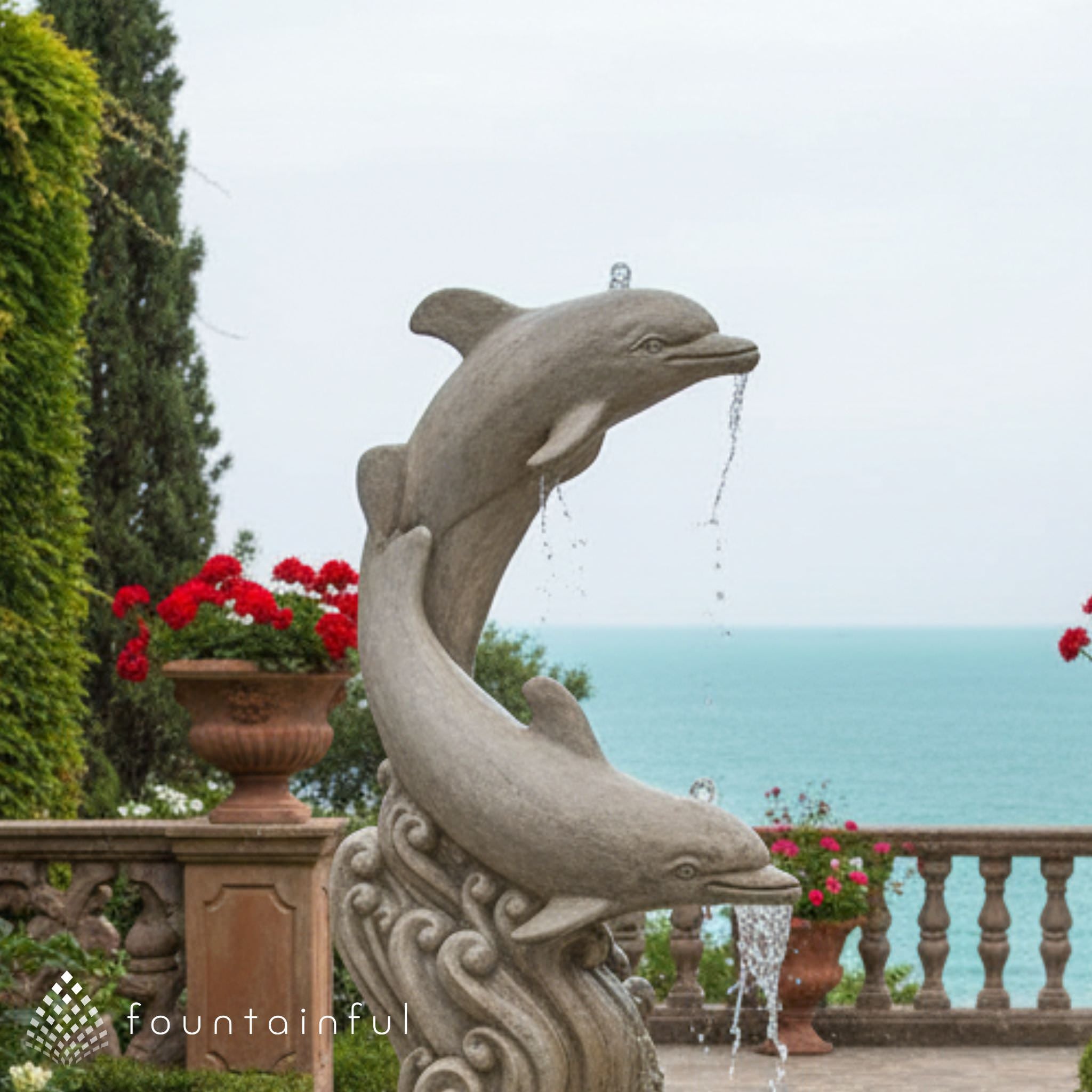 Dolphins with Shell Bowl Concrete Fountain - Fiore #2007