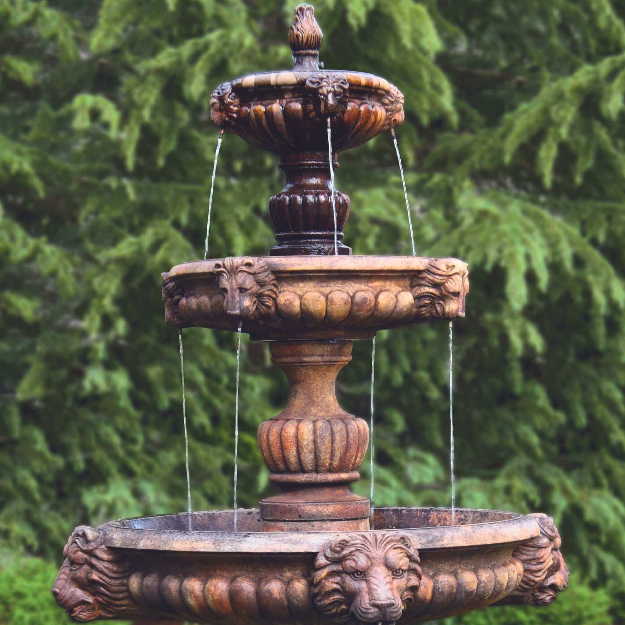 Grandessa Lion Head 3-Tier Concrete Fountain