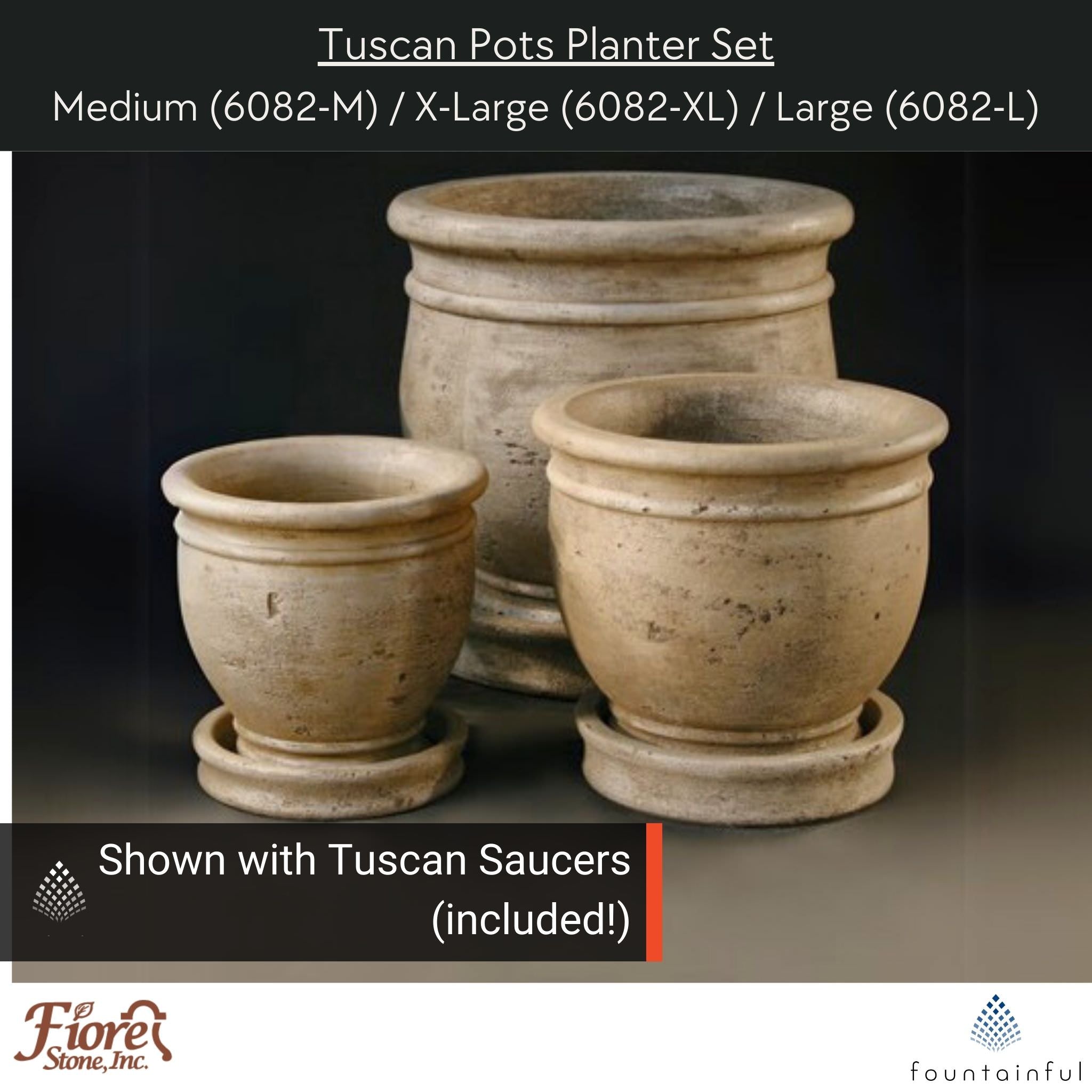 Tuscan Pot Concrete Planters w/Saucers - Fiore #LG6082