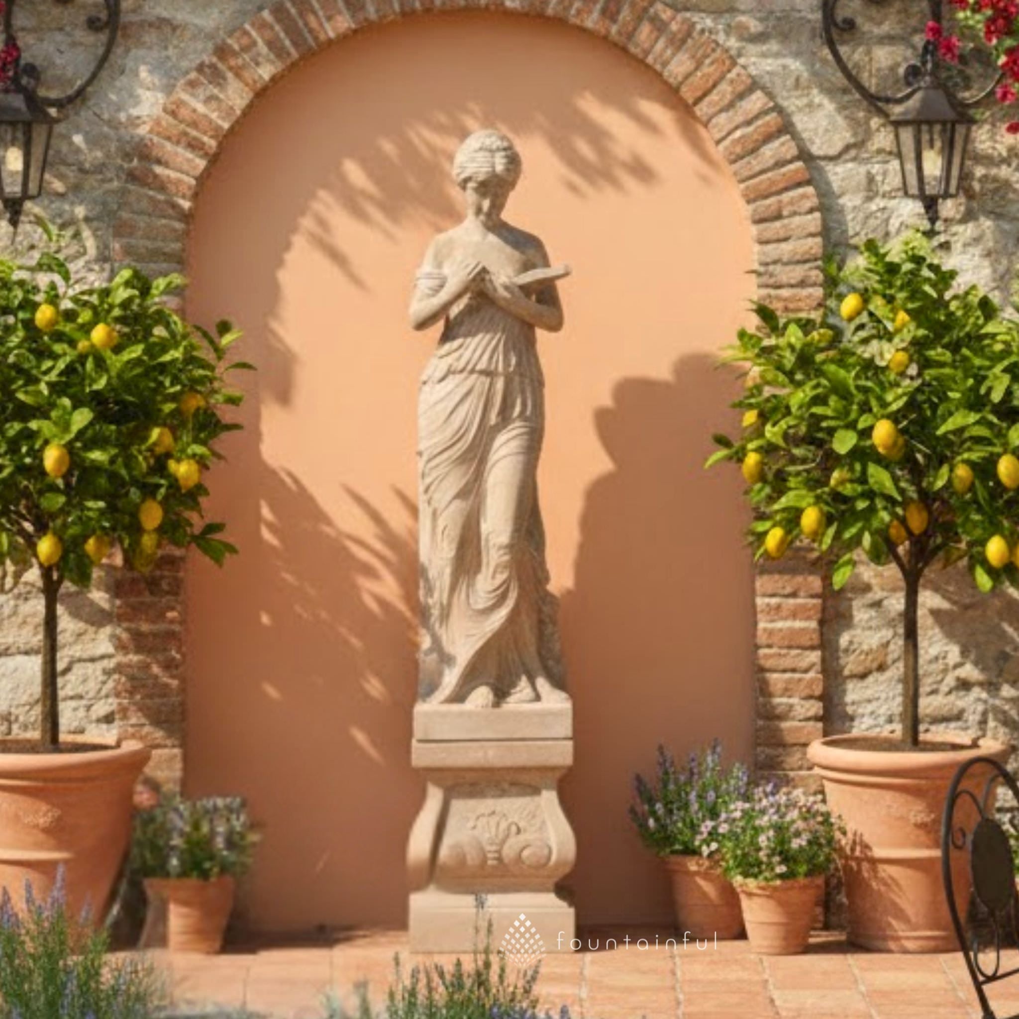 Fiore Marsala Italian Woman Concrete Garden Statue #745 Placed Against a Couryard Wall