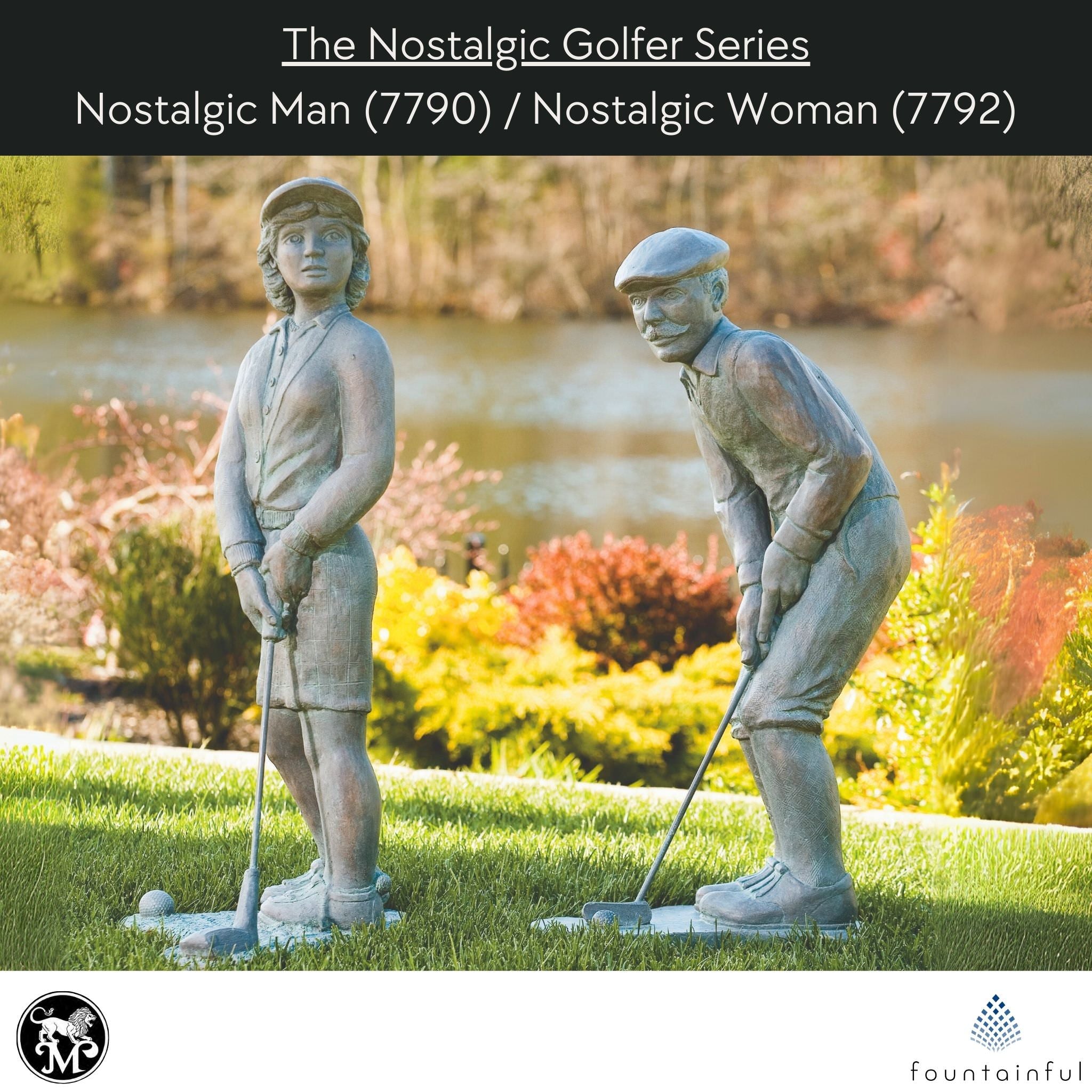 Nostalgic Golfer Man & Woman Concrete Garden Statues - Massarellis