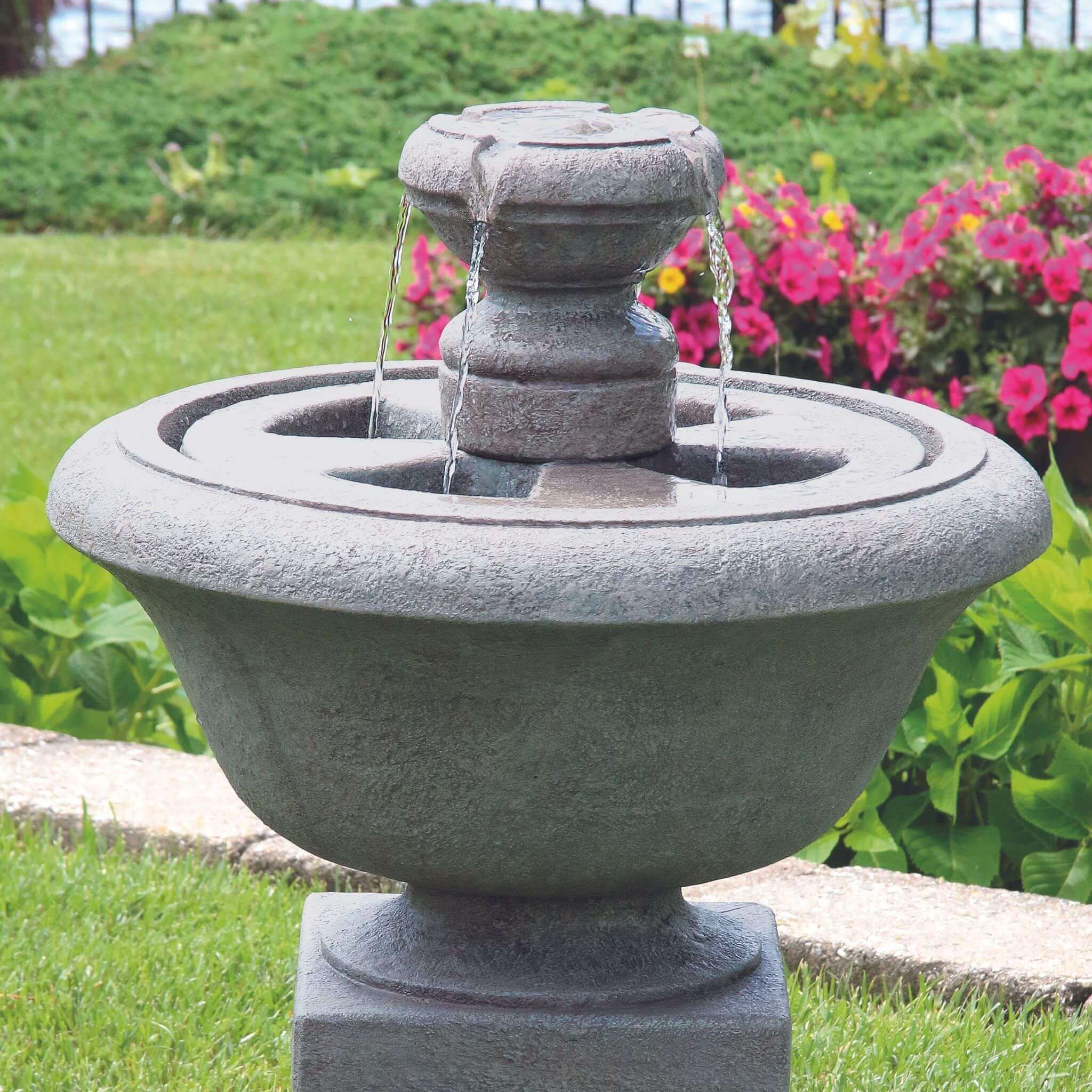 Cheshire 2-Tier Concrete Pedestal Fountain w/Lights - Massarellis #3570