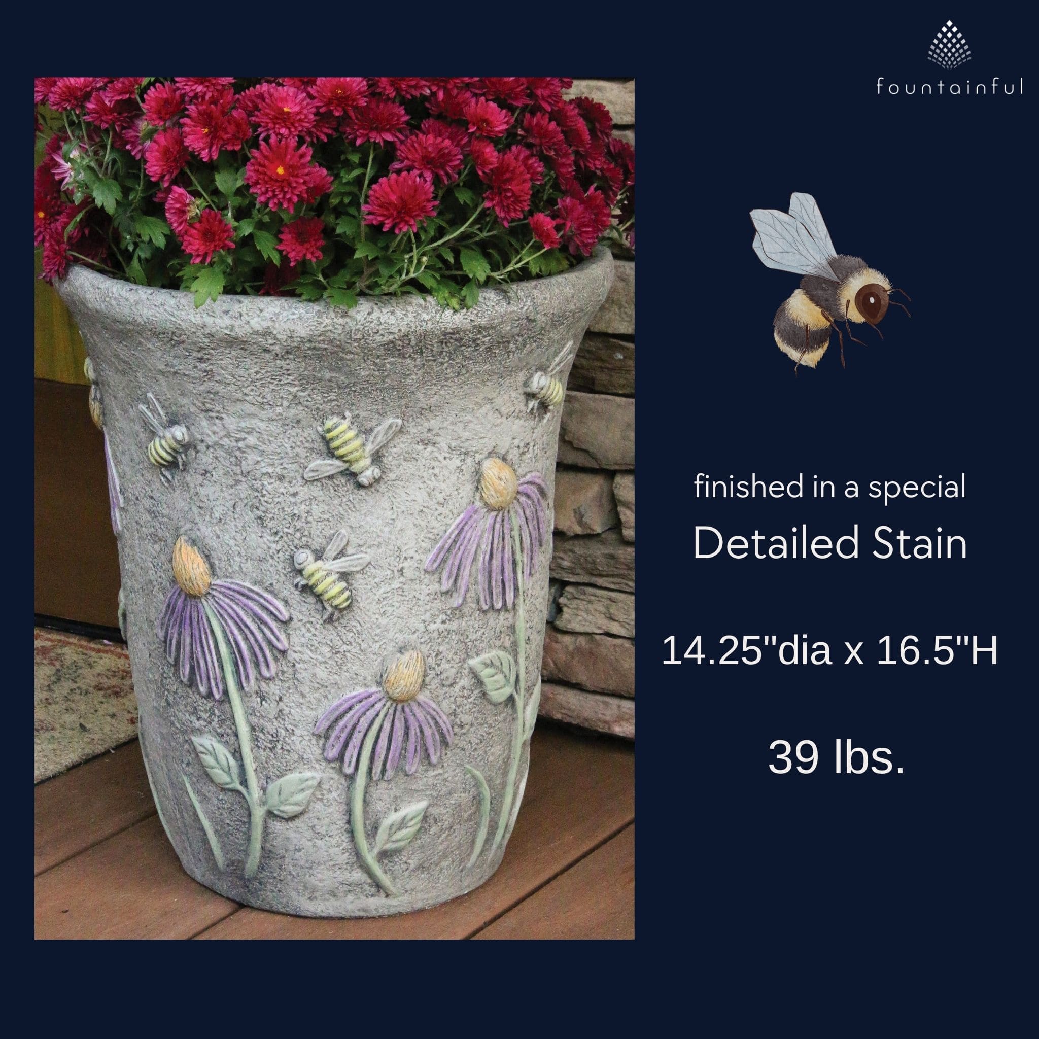 Honeybee & Flowers Concrete Planter - Massarellis #6081