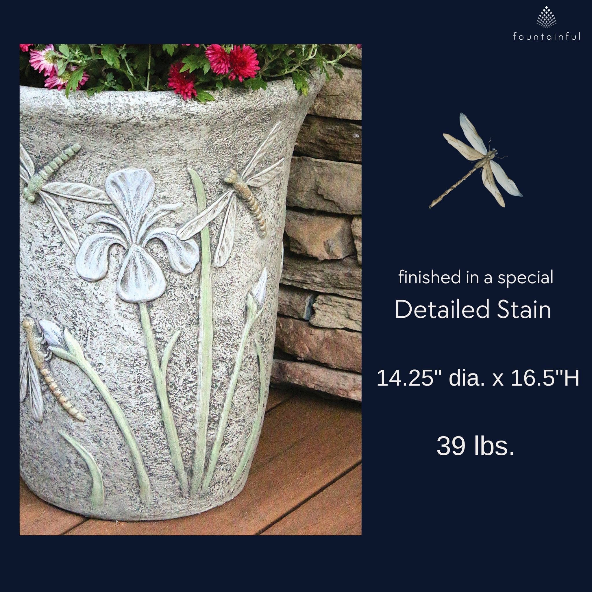 Dragonfly & Flowers Concrete Planter - Massarellis #6082