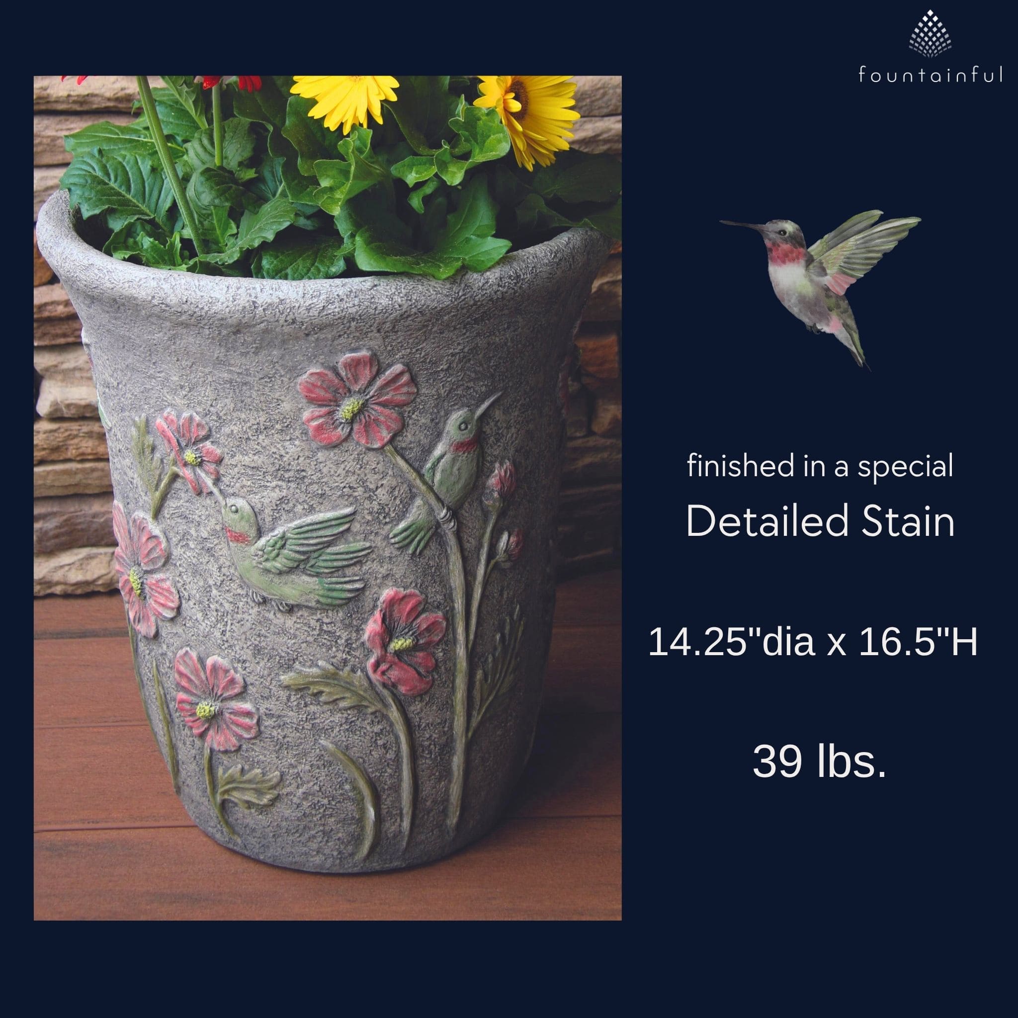 Hummingbird & Flowers Concrete Planter - Massarellis #6103