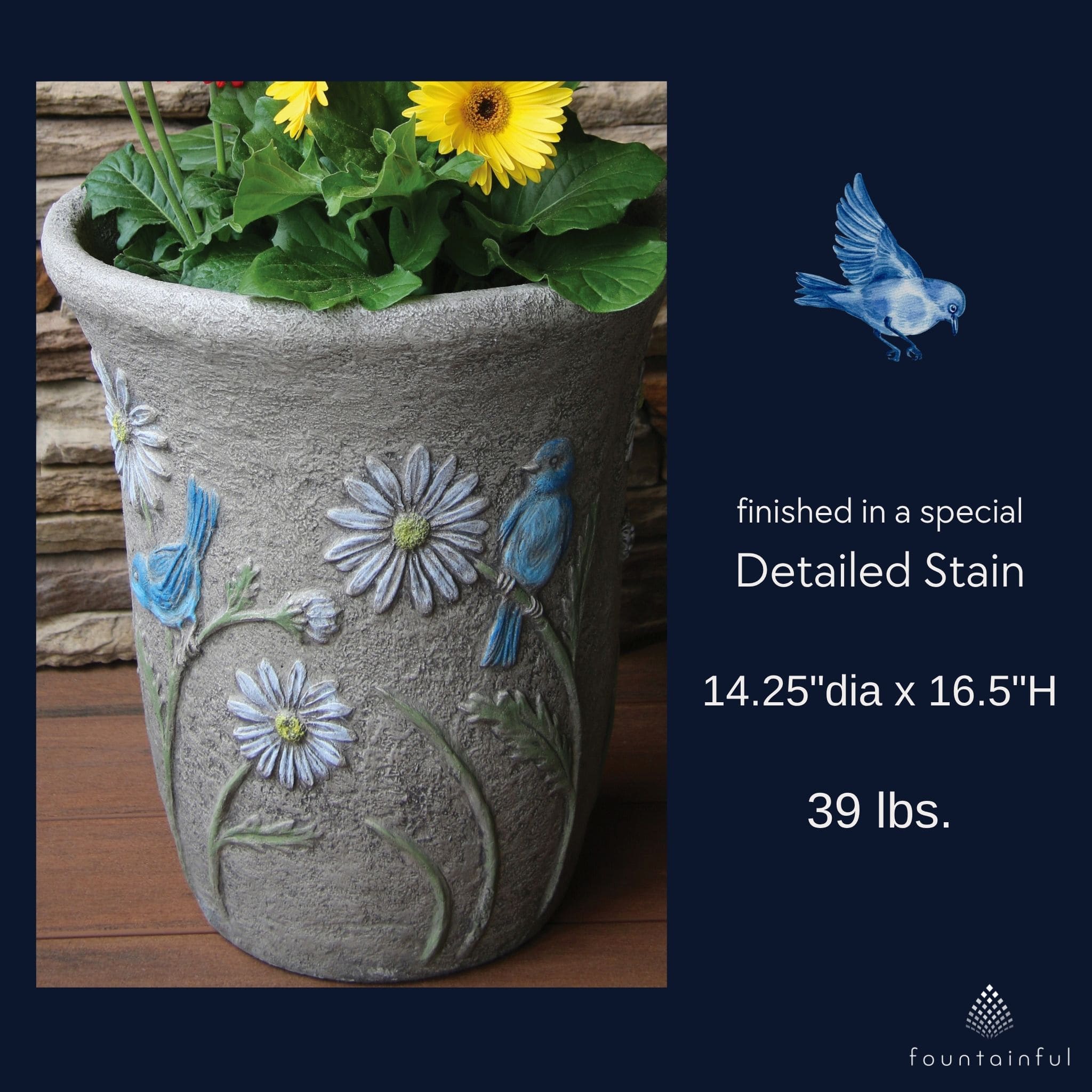 Bluebird & Flowers Concrete Planter - Massarellis #6104