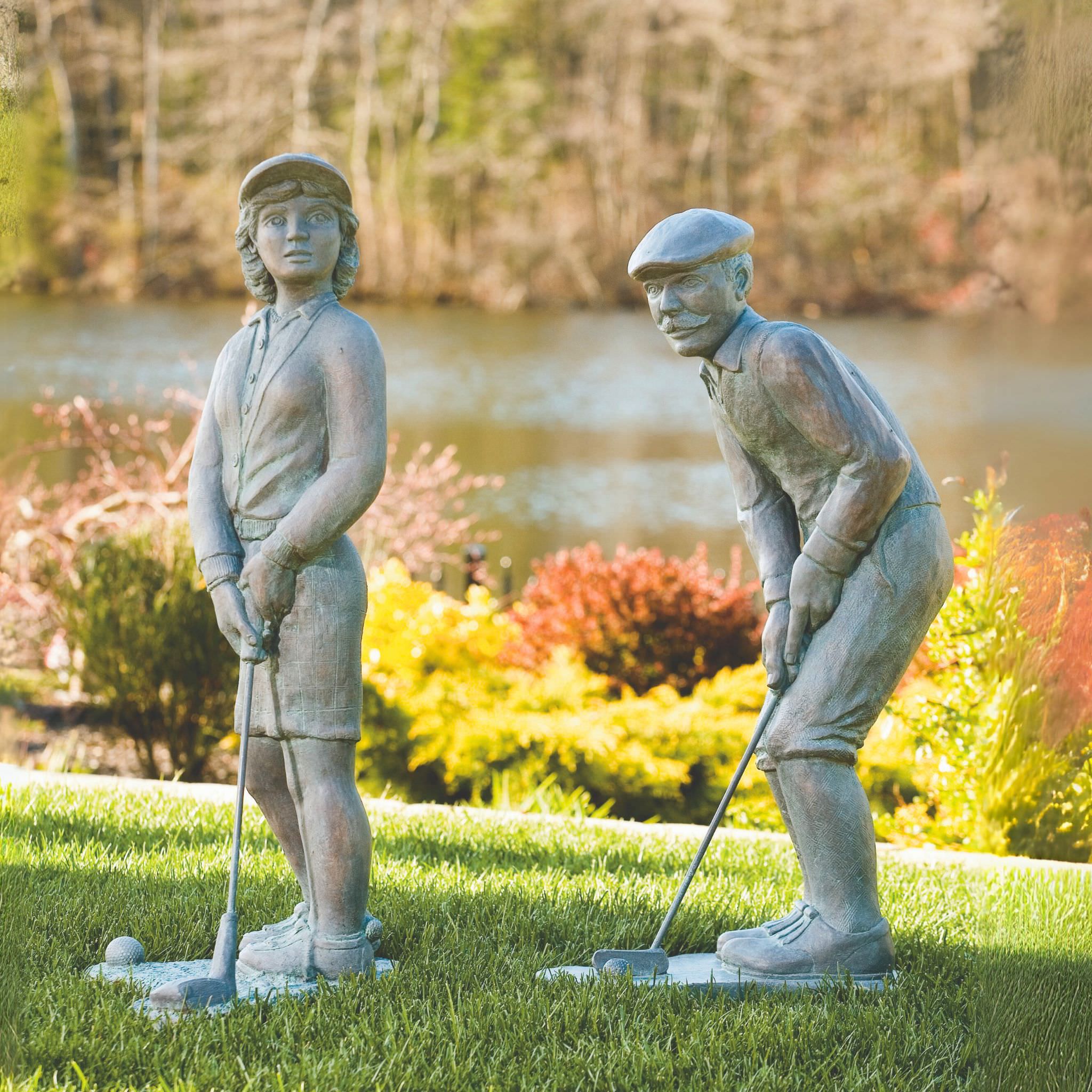 Nostalgic Golfer Man & Woman Concrete Garden Statues - Massarellis