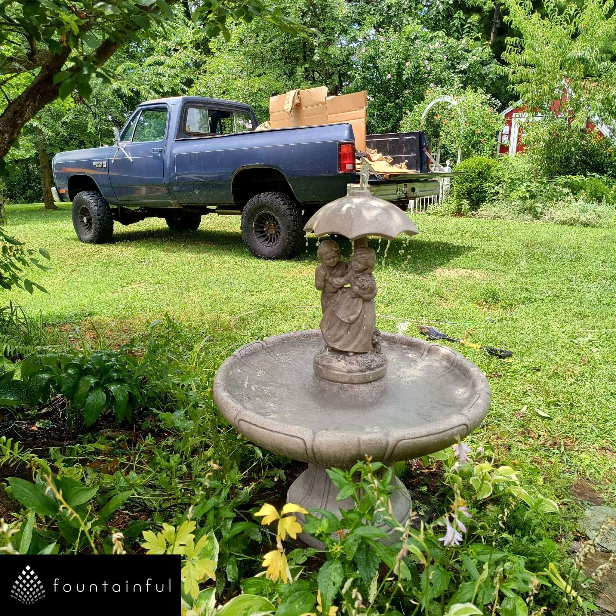 Girl & Boy Under Umbrella SMALL Concrete Fountain - Massarellis #3625