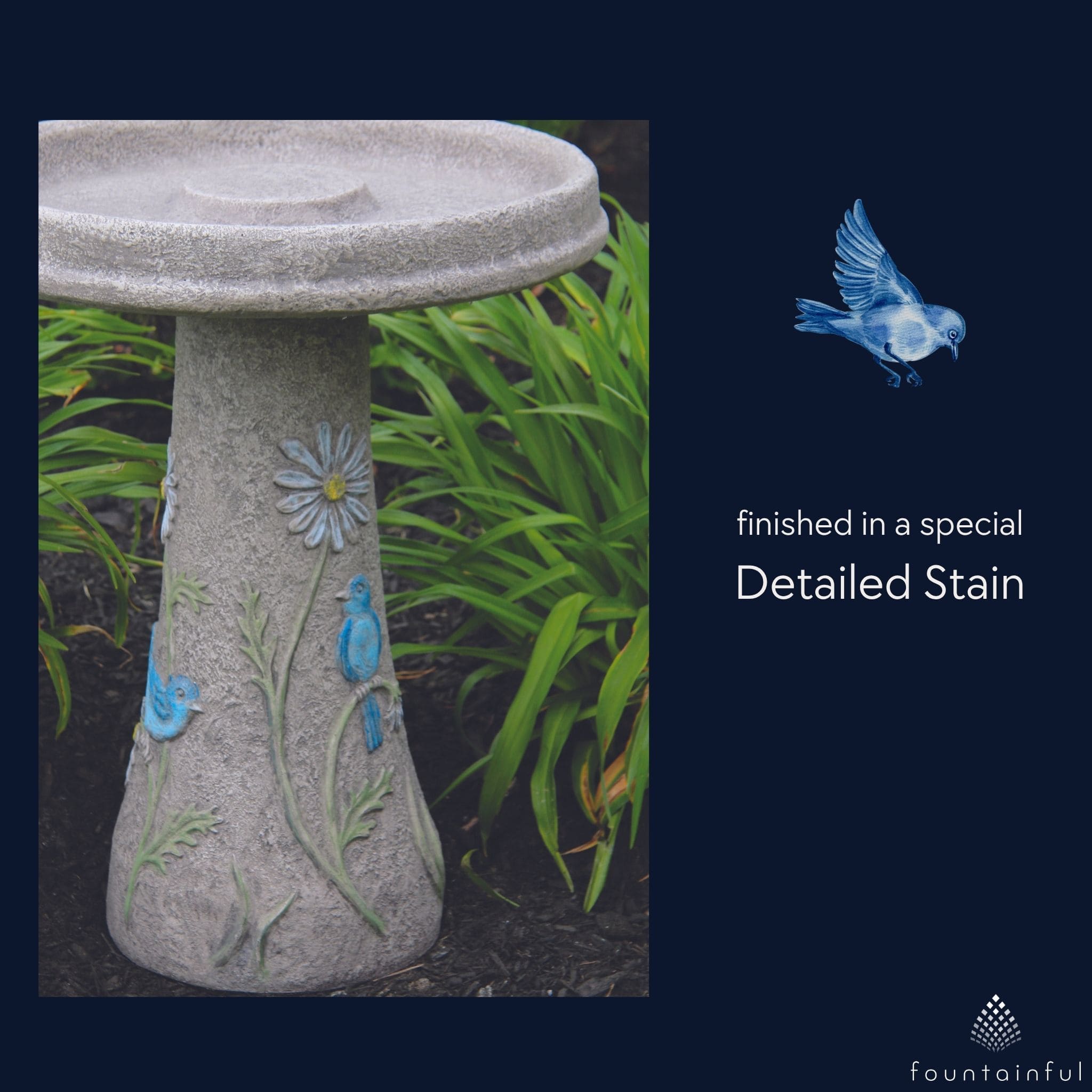 Bluebird & Flowers Concrete Bird Bath - Massarellis #9761