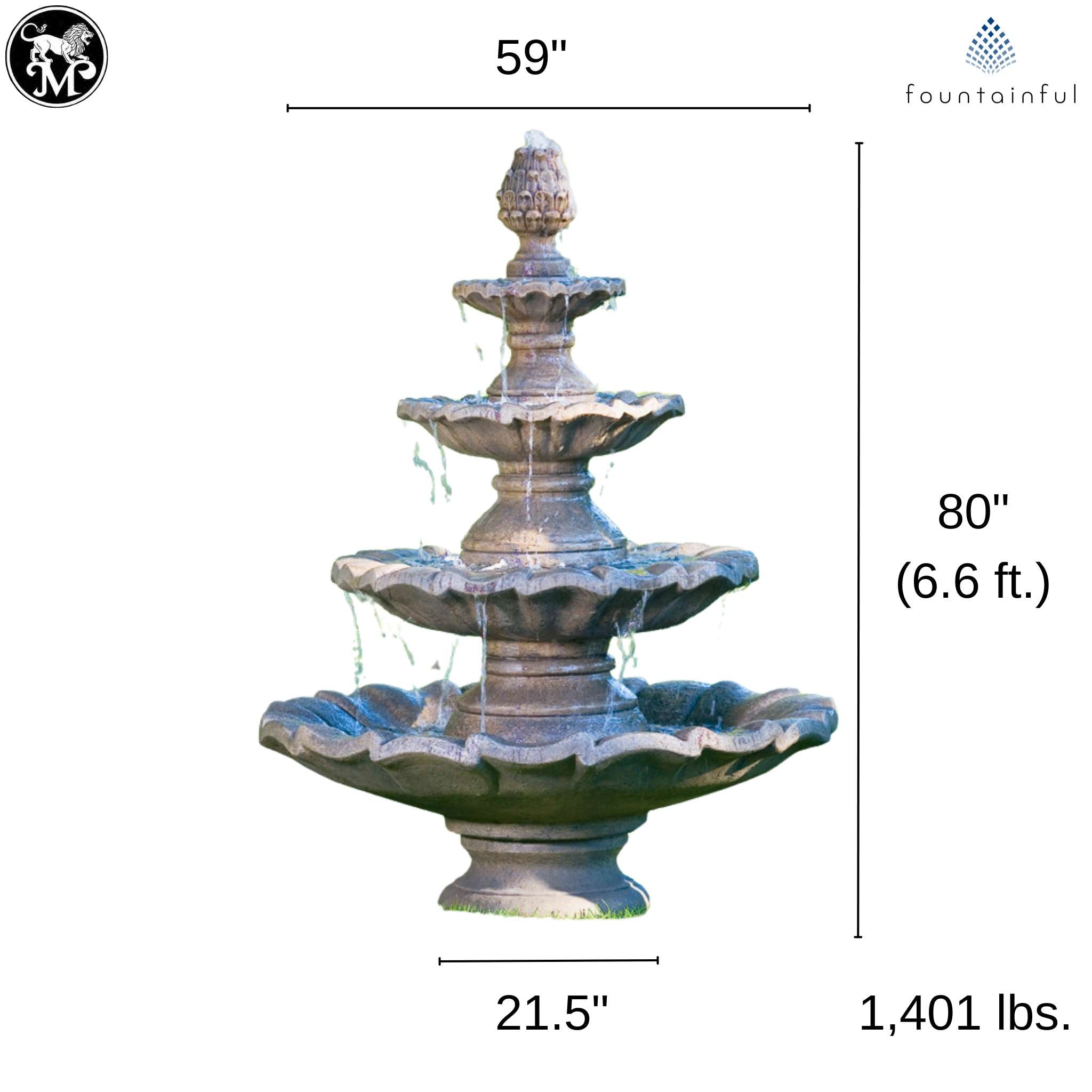 Large 4-Tier Concrete Fountain w/ Pine Cone Finial - Massarellis #3305