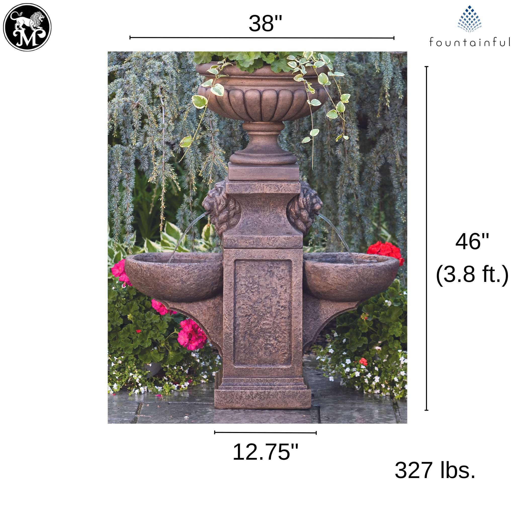 Lion Head 2-Bowl Concrete Fountain w/ Milano Planter Urn - Massarellis #3527