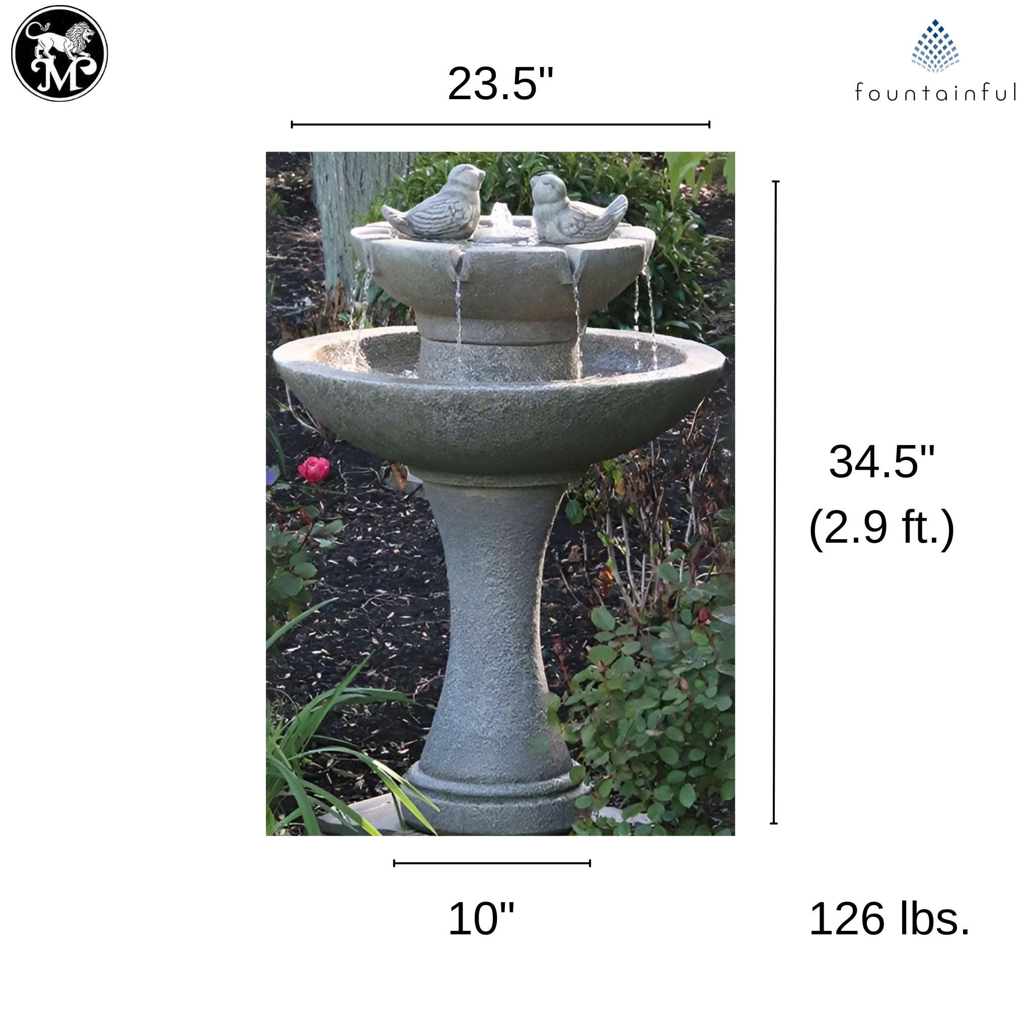Tranquility Birds Short 2-Tier Fountain w/Lights - Massarellis #3699