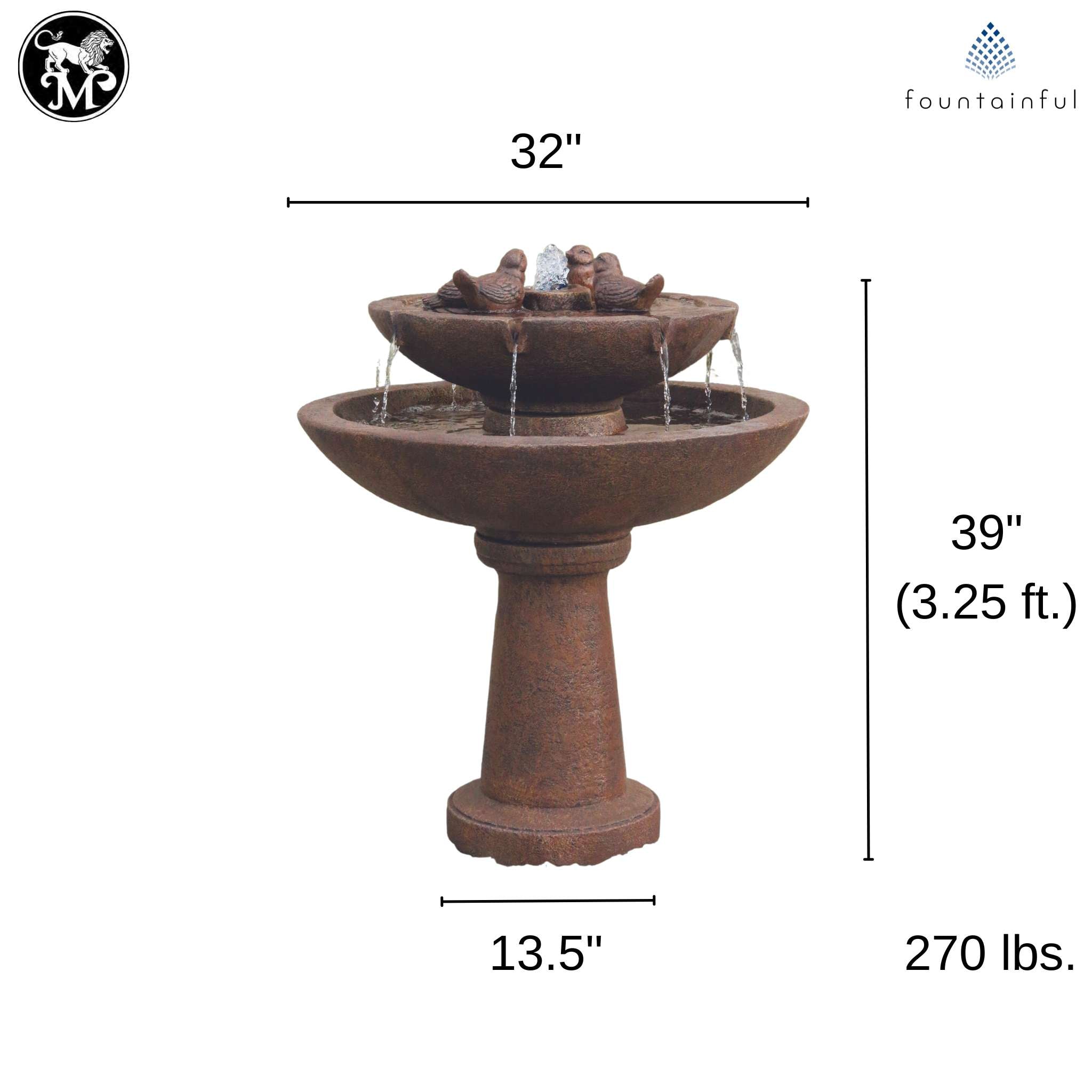 Tranquility Birds 2-Tier Concrete Fountain - Massarellis #3702