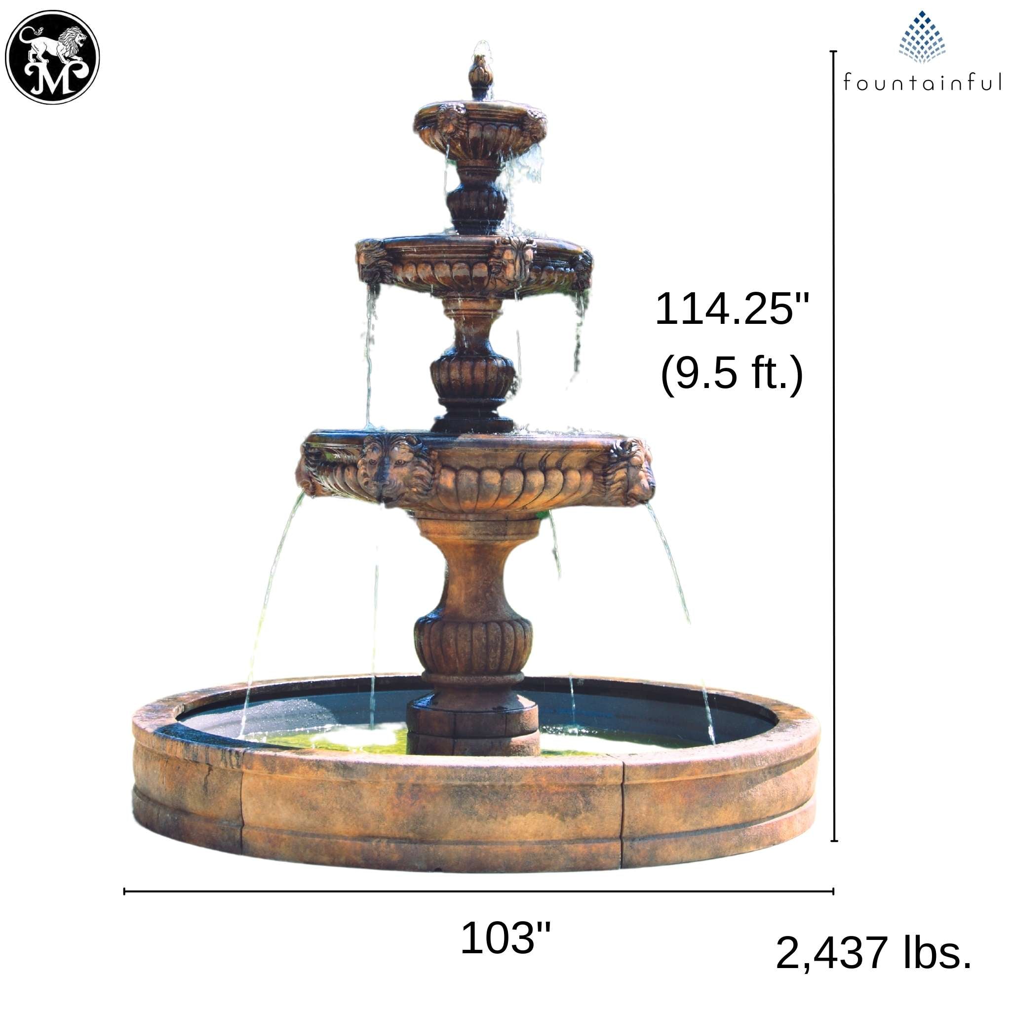 Grandessa Lion Head 3-Tier Concrete Fountain with Pool - Massarellis #3777